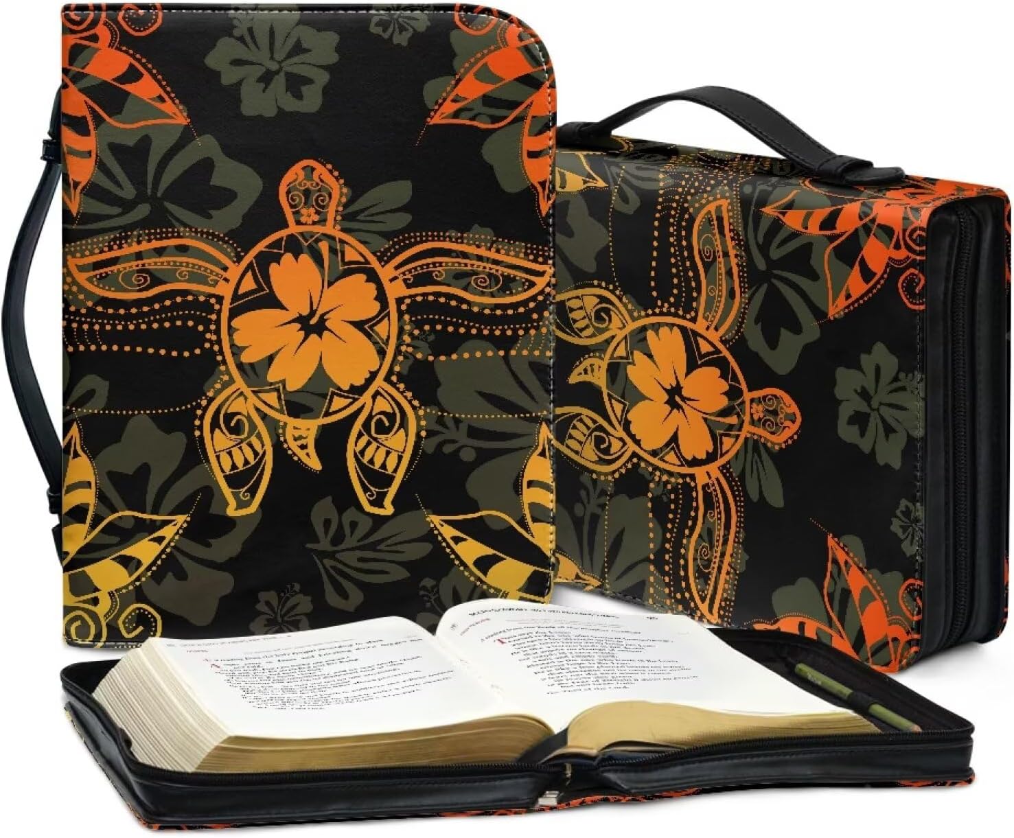Suobstales Turtle Hibiscus Leaves Print Bible Cover for Women Men PU Leather Makeup Organizer Expand Brief Case Journal Case Christian Purses Handbags with Handle and Zippered, M