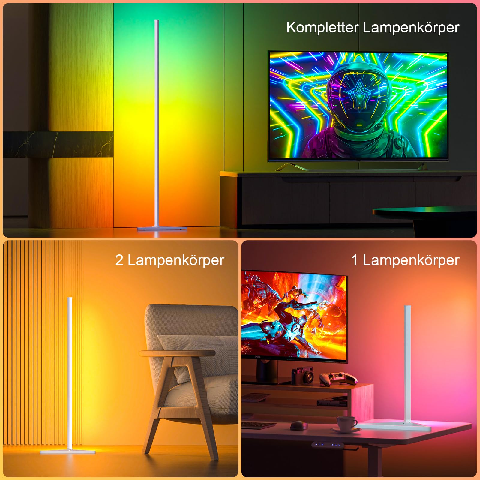 Lot de 2 lampadaires LED RGBIC à intensité variable avec application, hauteur amovible, 16 millions de couleurs, 300 modes de scène, synchronisation de la musique, minuterie, lampe d'angle