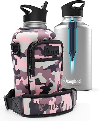 Botella de agua filtrada de 64 onzas para mujer con bolsa cruzada, tapa de popote deportiva, filtro de carbono, funda de neopreno con correa para el
