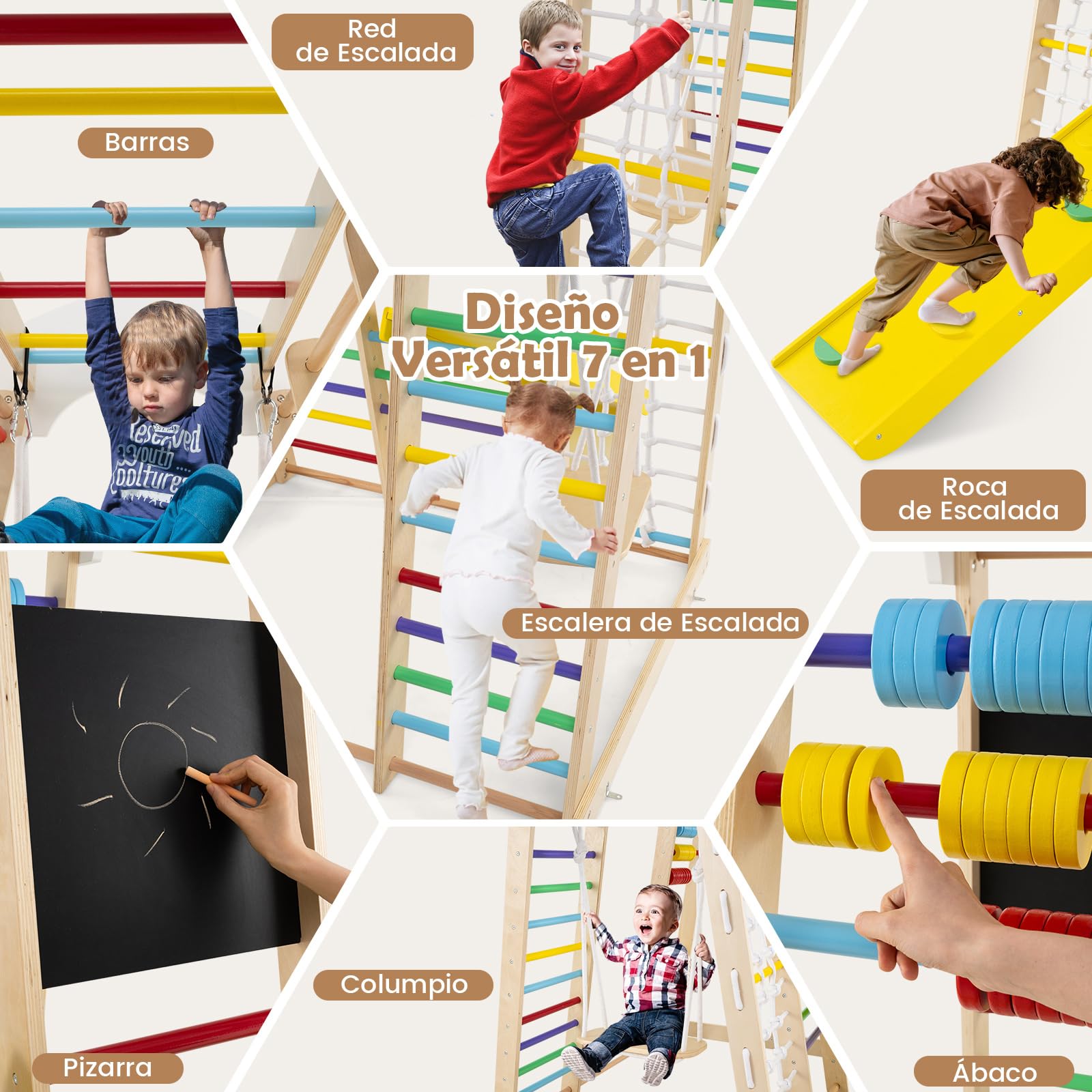 COSTWAY Set Escalada 7 en 1 para Niños,Escaldada de Madera con Rocas de Escalar y Escalera, Red de Escalada, Barra Horizontal, Centro Actividad de Interior para Niños 3+ Años (Multicolor)