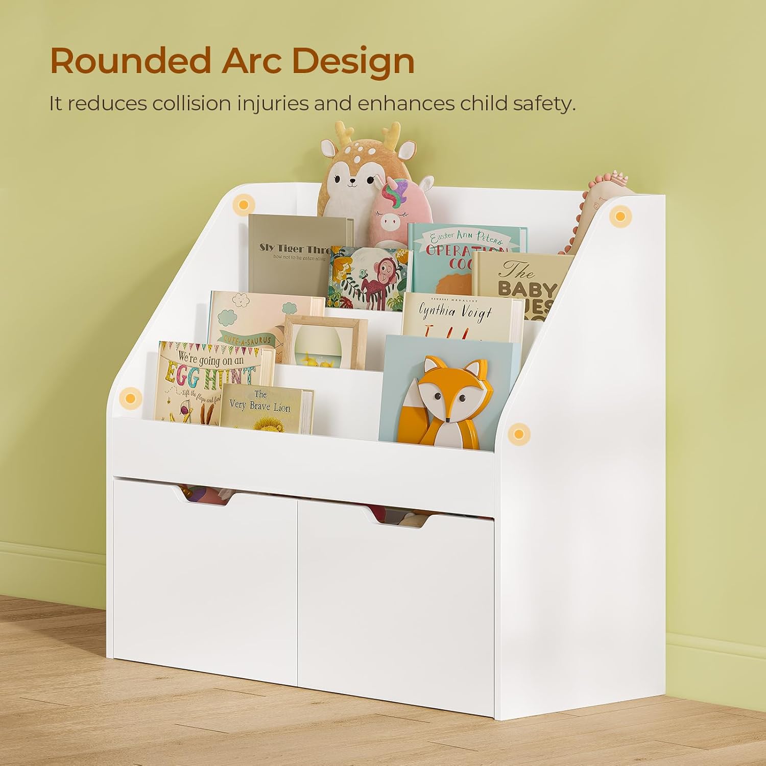 Kids Bookshelf - 4 Tier Small Bookcase for Kids Room, Toy Storage for Children with 2 Movable Drawers, Hidden Wheels, Toddler Book Display Shelves for Classrooms, Nursery, Playroom and Bedroom, White