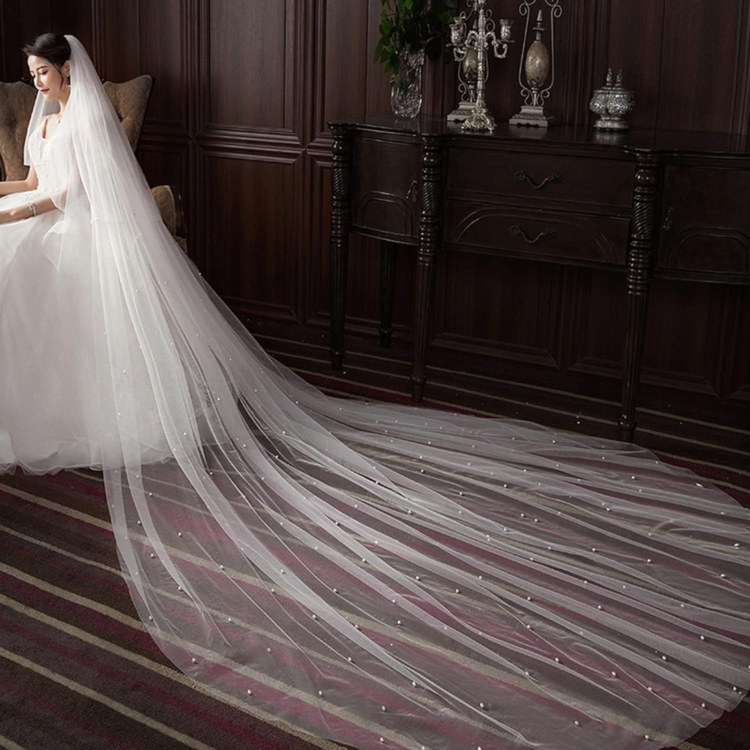Bruidssluier Polyester bruidstule Eenlaagse sluiers met kralen 75 cm - 500 cm bruidssluier voor het maken van foto's Bruidssluier van tule