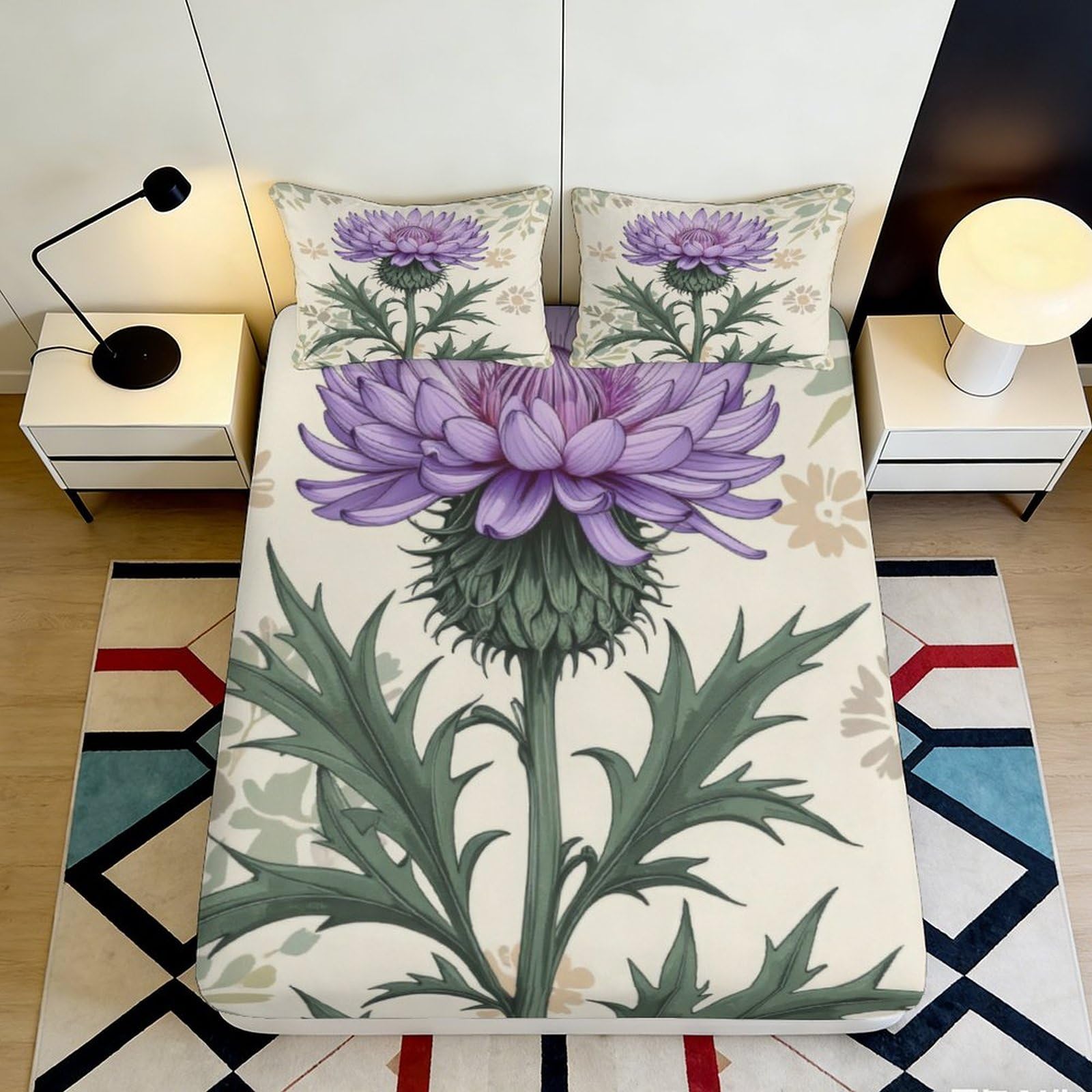 Pnayamiorkfel Style-8 3D Printed Purple Thistle Fitted Sheet Microfiber Soft Floral Art Mattress Cover Bedroom Dorm Decor Protection 90X200x25cm