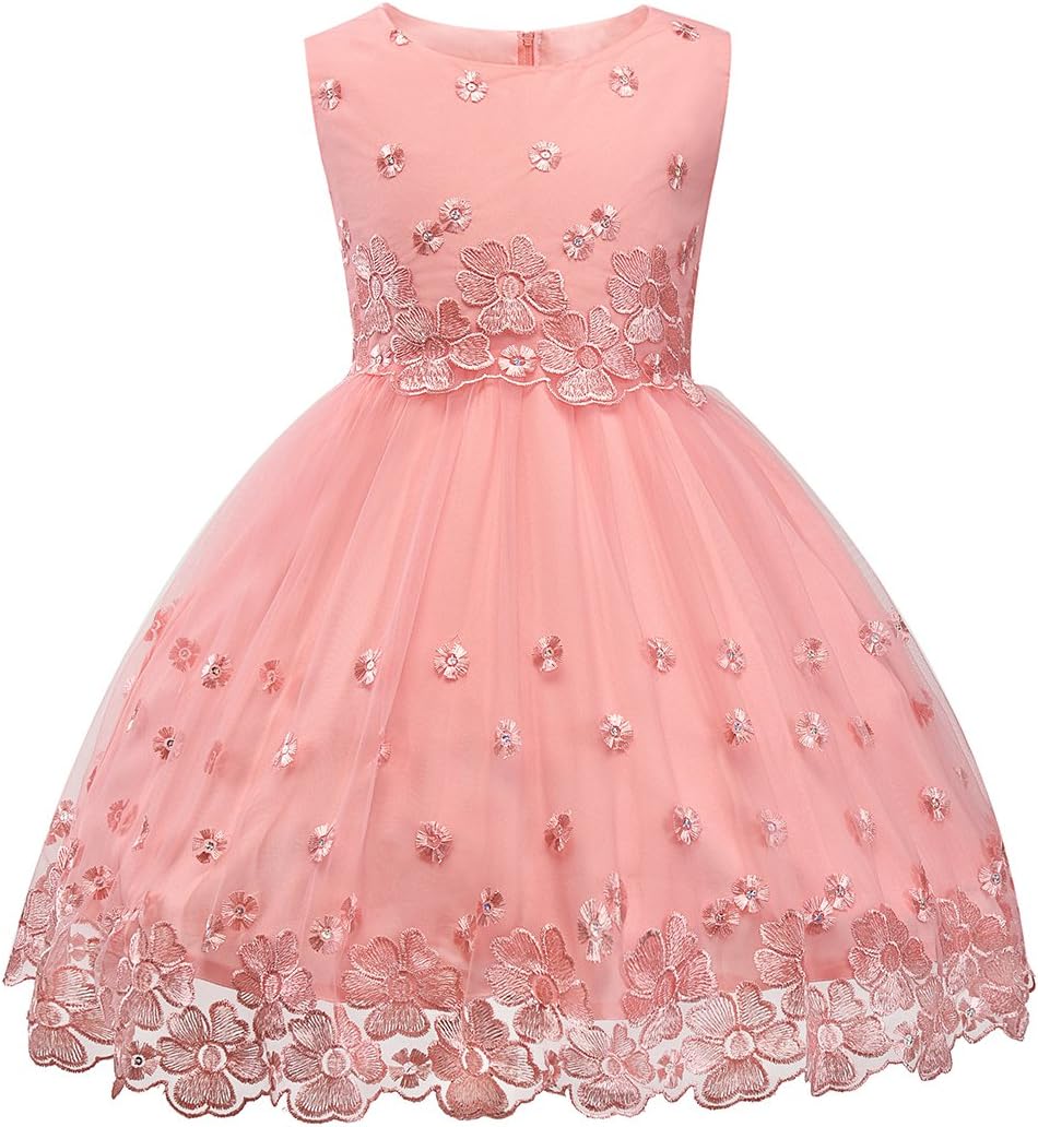 Ruffles Lace Bow Flower Tulle Princess Formal Wedding Birthday Party Dress for Toddler Baby Girl (3-4 Years, Pink Rhinestone)