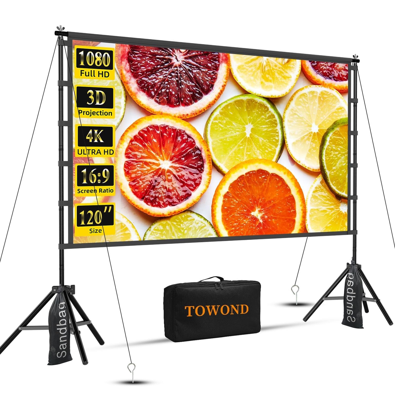 TOWOND Pantalla de proyector de 120 pulgadas con soporte, pantalla plegable portátil 16:9 HD para exteriores para cine en casa y jardín, proyección delantera y trasera, poliéster lavable sin arrugas