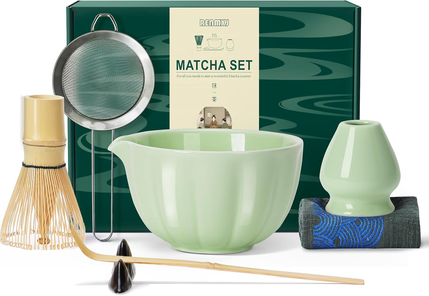Matcha Whisk Set,7 PCS Ceramic Matcha Kit Includes Matcha Bowl with Spout, Matcha Whisk and Holder, Bamboo Scoop, Stainless Sifter, Tea Towel, Unique Gift for Matcha Lovers (Green)