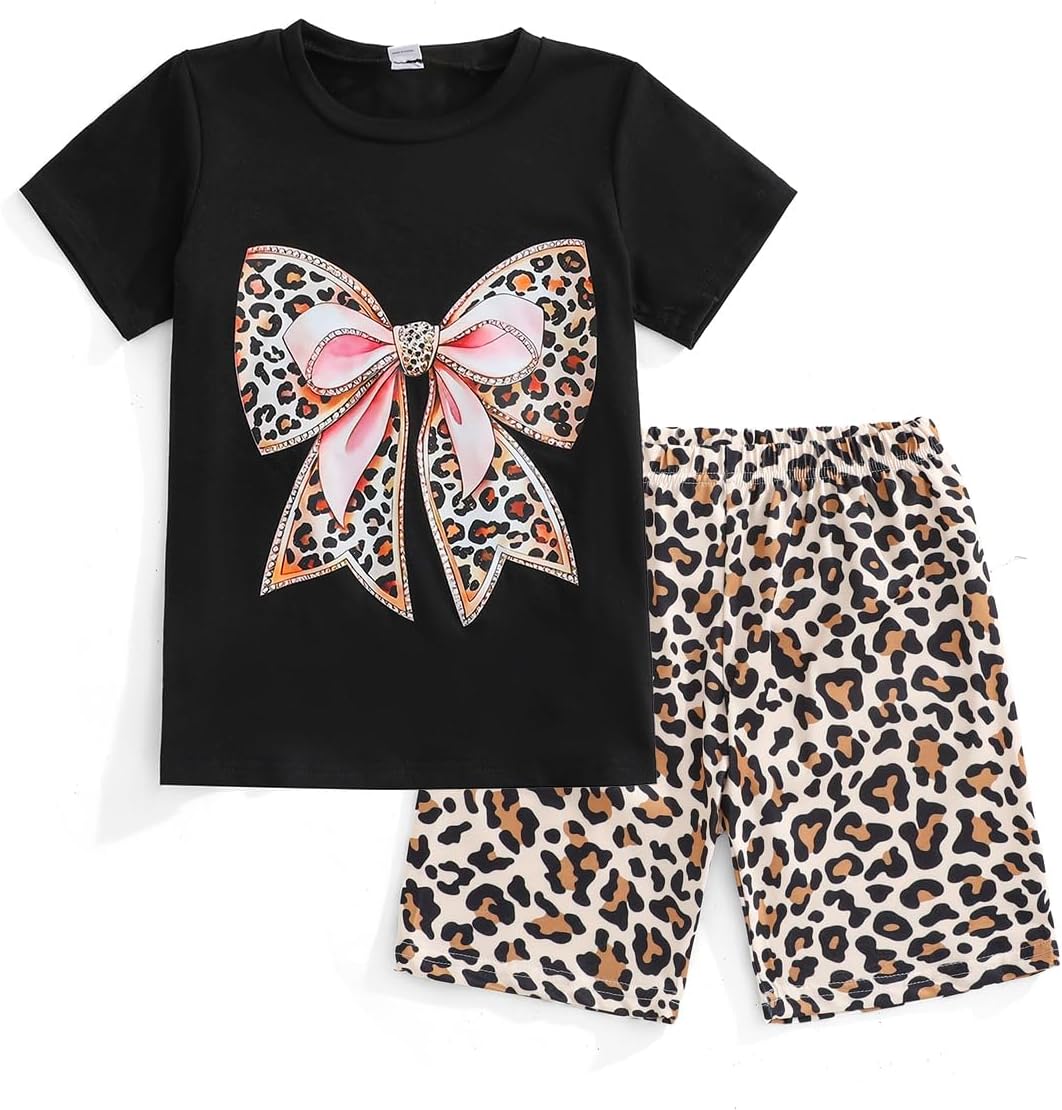 Summer Girls' Two-Piece Set for Ages 7-14, Bow Graphic T-Shirt and Leopard Short Fashion Casual Clothing