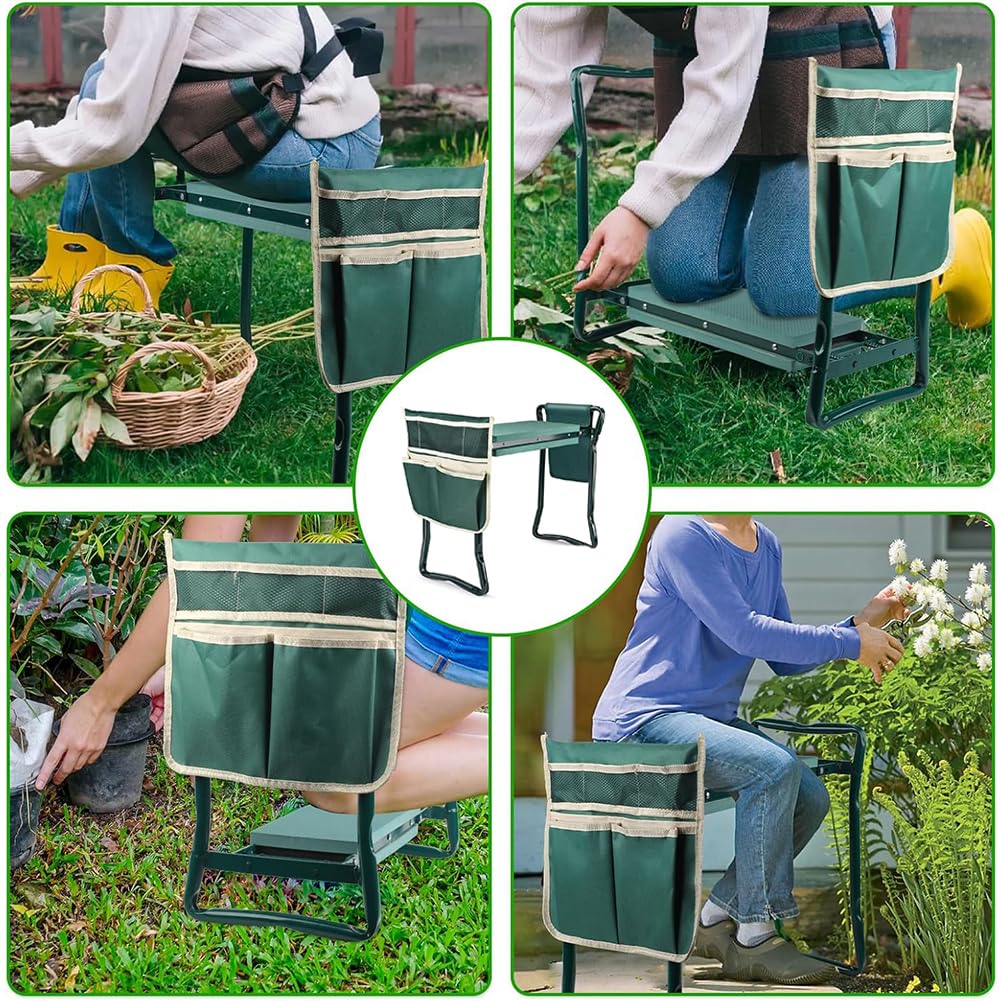 Rodilleras y asiento de jardín con almohadilla suave para arrodillarse y 2 bolsas de herramientas, banco portátil de jardín con asas, regalos de jardinería para hombres, mujeres, personas mayores