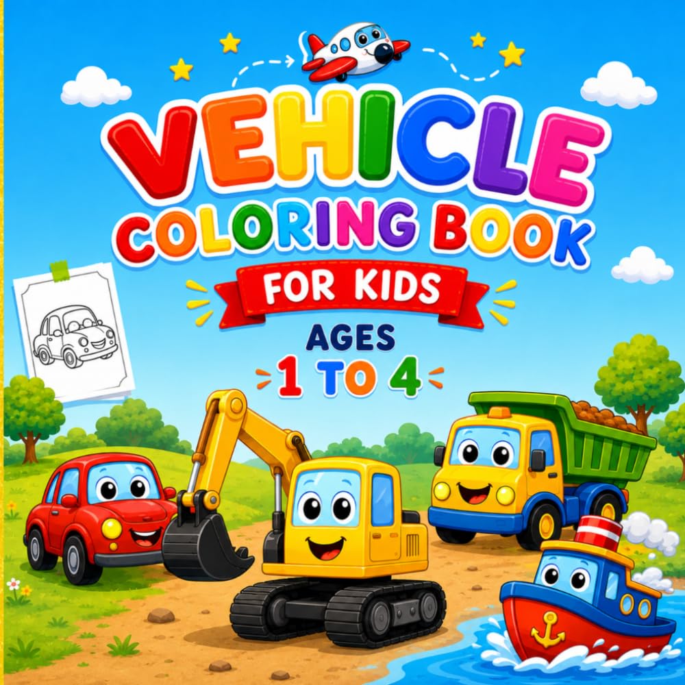Vehicle Coloring Book for Kids Ages 1-4: Simple and Big Vehicle Designs to Color | Cars, Trucks, Airplanes, Tractors, Bikes & More for Toddlers and Preschoolers