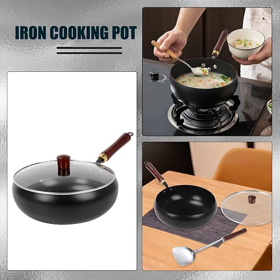 Les-Theresa Uncoated Thick Iron Pot, Forged Big Belly Pot Cast Iron Pan with Lid Deep Frying Saute Pan 28Cm Cast Iron Wok Skillet Pans for Cooking, High-Heat Frying, Stir Fry, Simmering | Hand-forged non-stick iron pan without coating, steak pan with glass lid, wooden handle for all types of cookers