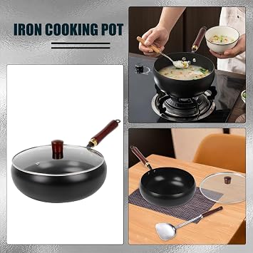 Les-Theresa Uncoated Thick Iron Pot, Forged Big Belly Pot Cast Iron Pan with Lid Deep Frying Saute Pan 28Cm Cast Iron Wok Skillet Pans for Cooking, High-Heat Frying, Stir Fry, Simmering | Hand-forged non-stick iron pan without coating, steak pan with glass lid, wooden handle for all types of cookers