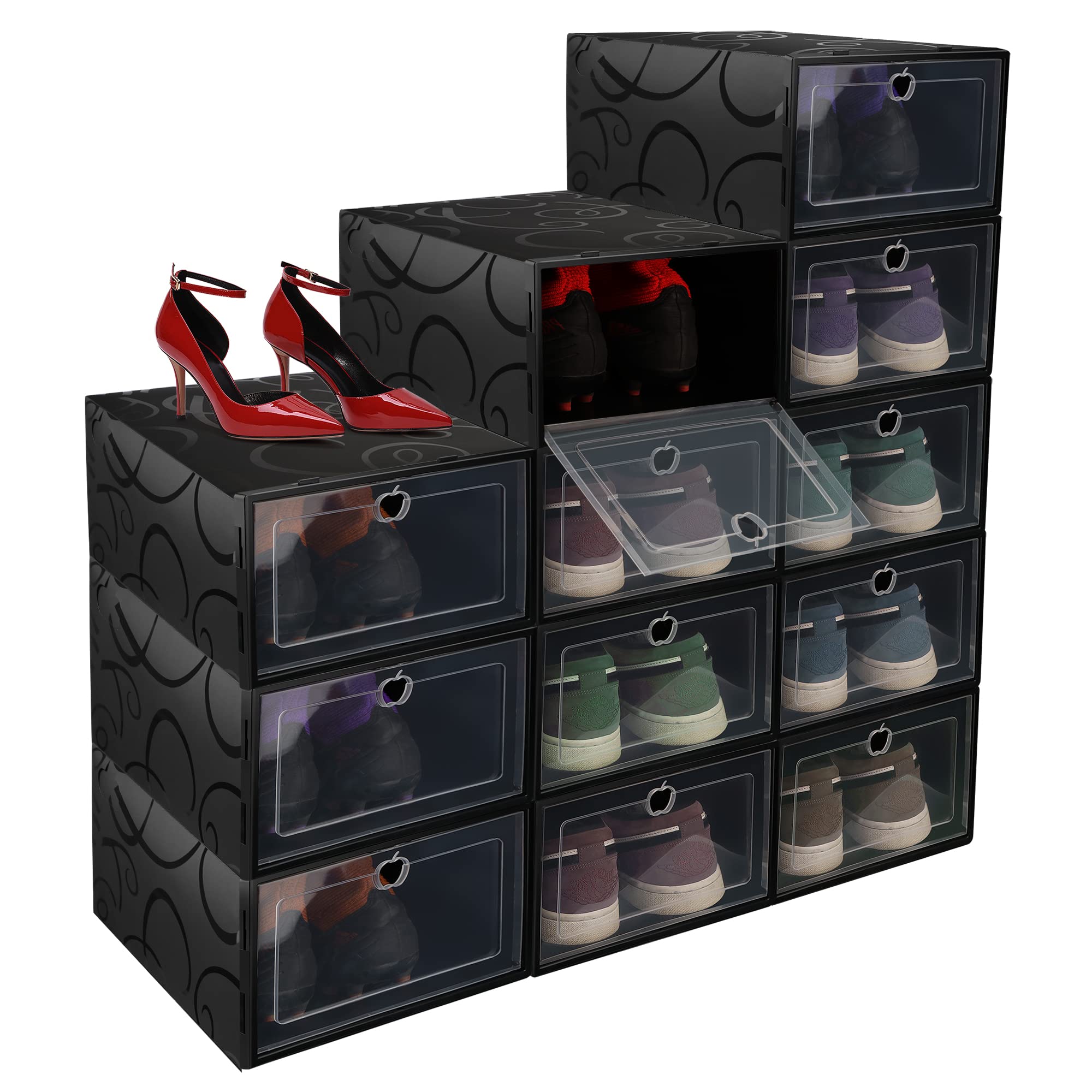 Clear Plastic Shoe Storage Transparent Stackable Organizer box (Black flower-12pcs)
