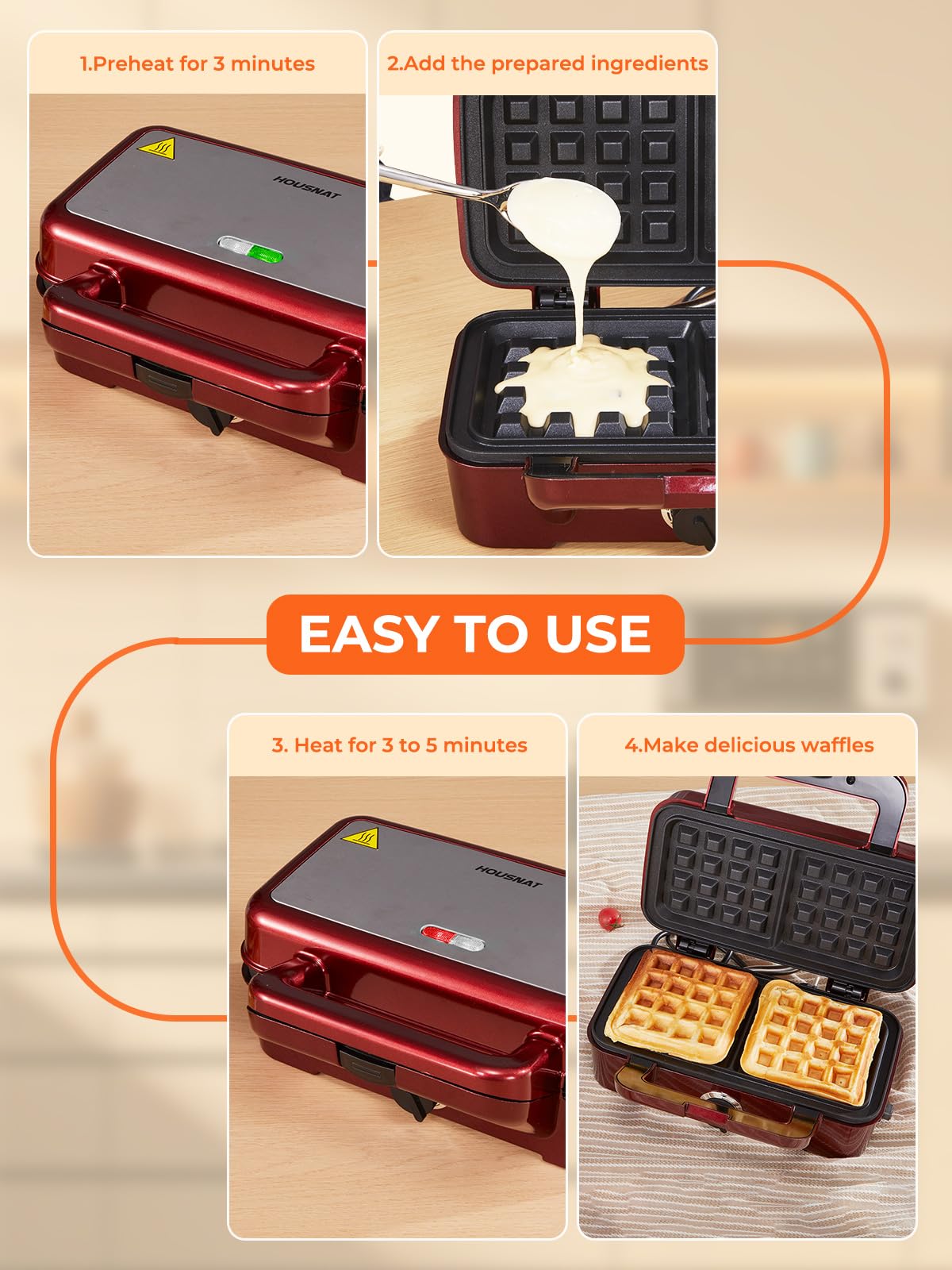 HOUSNAT Gaufrier 3 in 1, Appareil à Croque Monsieur avec Contrôle de Température à 5 Vitesses, Pour Gaufres Belges, Revêtement Antiadhésif, Parfait pour le Petit Déjeuner, Rouge