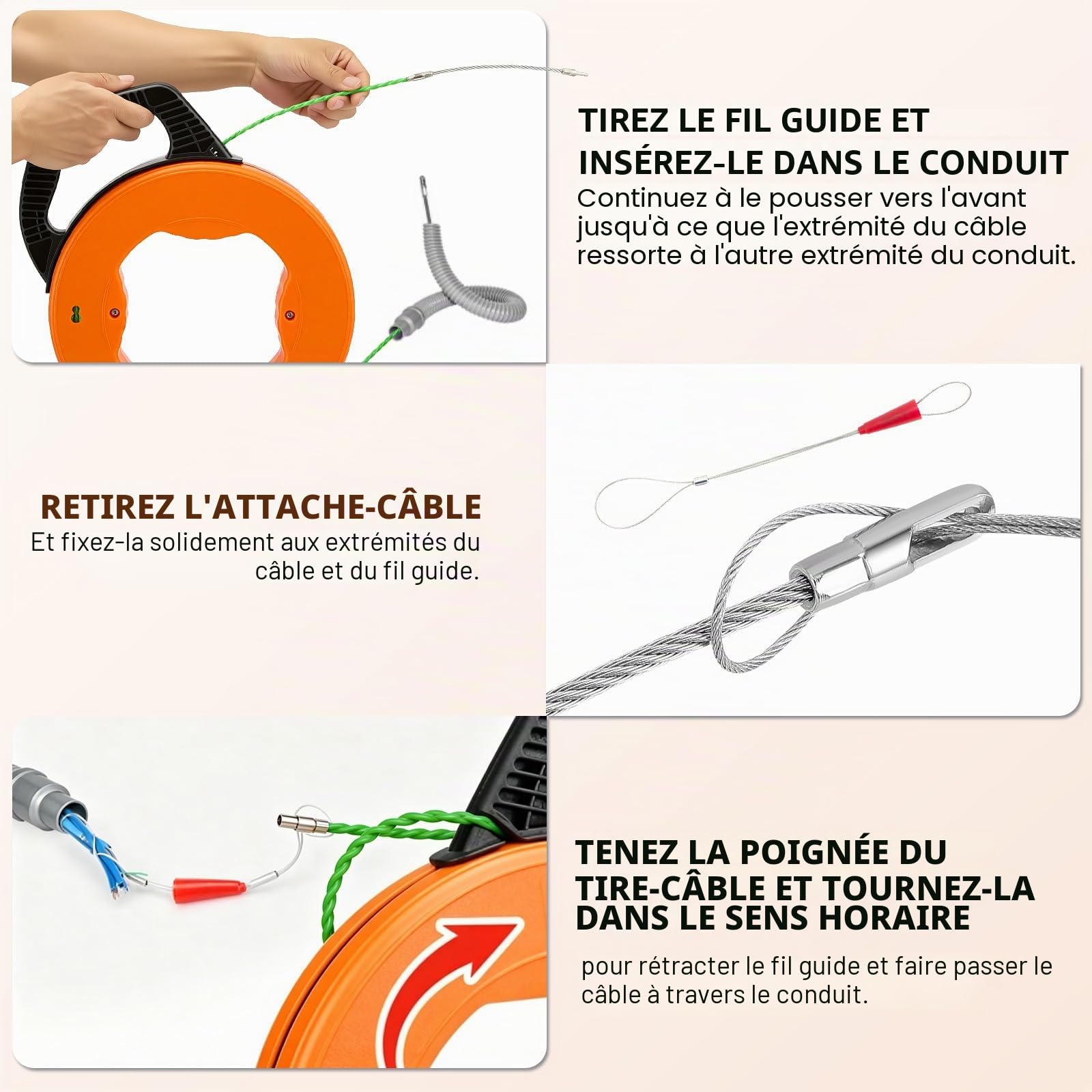 Aiguille Electricien 50m,4,5mm Tire Fils Electrique,Avec 1 Tire-Câble,2 Faisceaux De Câbles,Boîte De Rangement,Tire Câble Électrique Pour Câbles Et Travaux Électriques,Orange