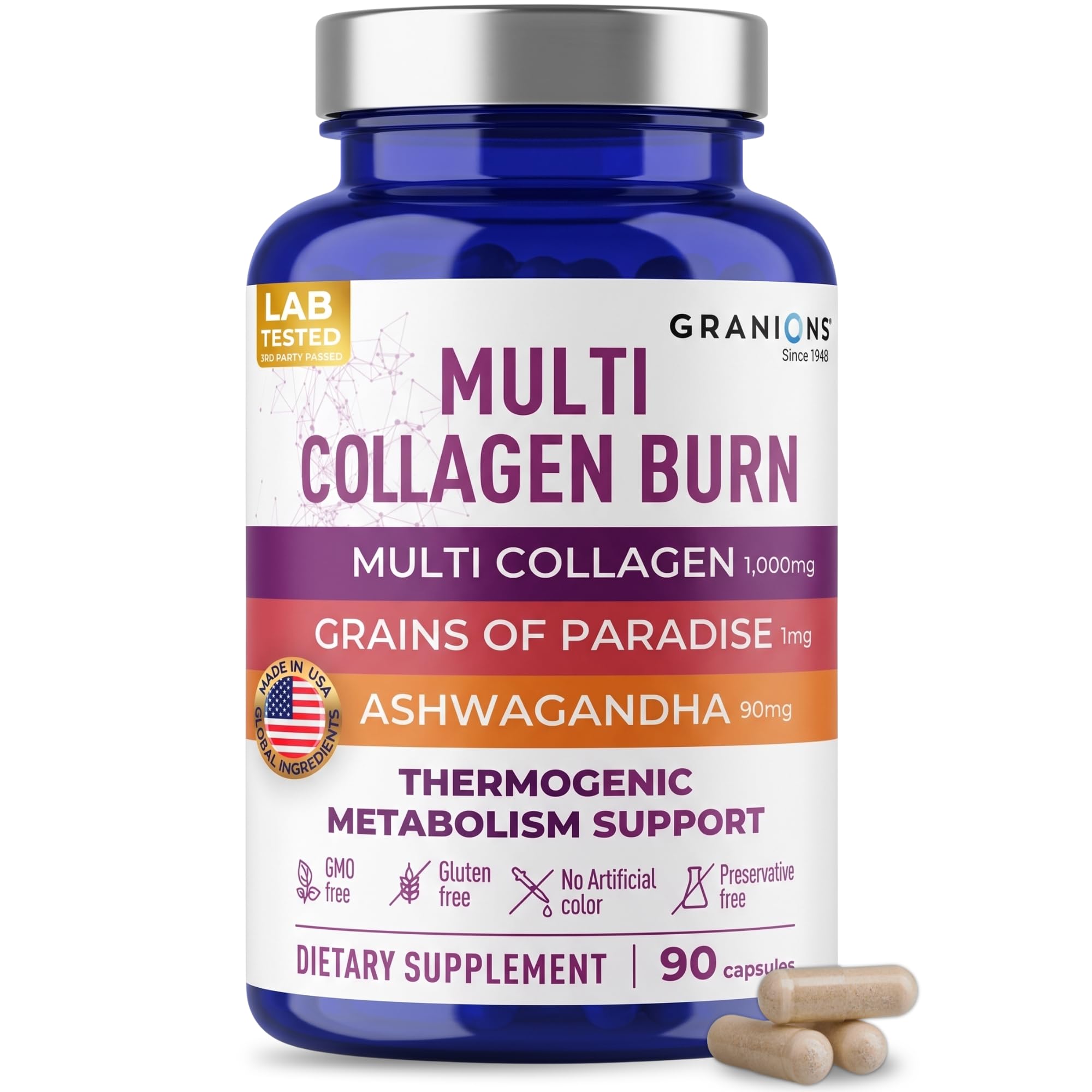 Granions Thermogenic Hydrolyzed Collagen Burn - Hyaluronic Acid, Vitamin C - Cellulite Defense and Dermal Repair Multi Collagen Peptides Capsules for Women and Men - 90 Pills