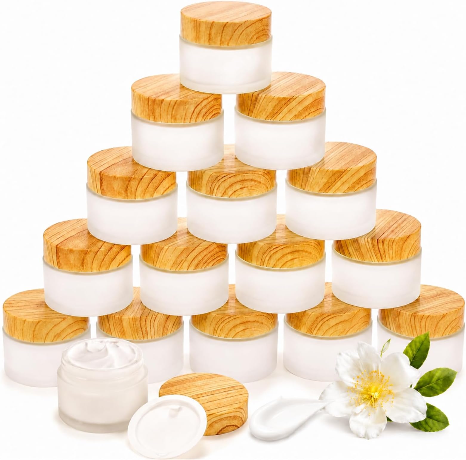ZENFUN 16 Pcs Glass Cosmetic Containes, 1.7oz/50ml Empty Sample Jar with Plastic Lid, Frosted Glass Bottle, Small Makeup Sample Jars, Refillable Travel Jars for Cream, Lotions, Lip Balm
