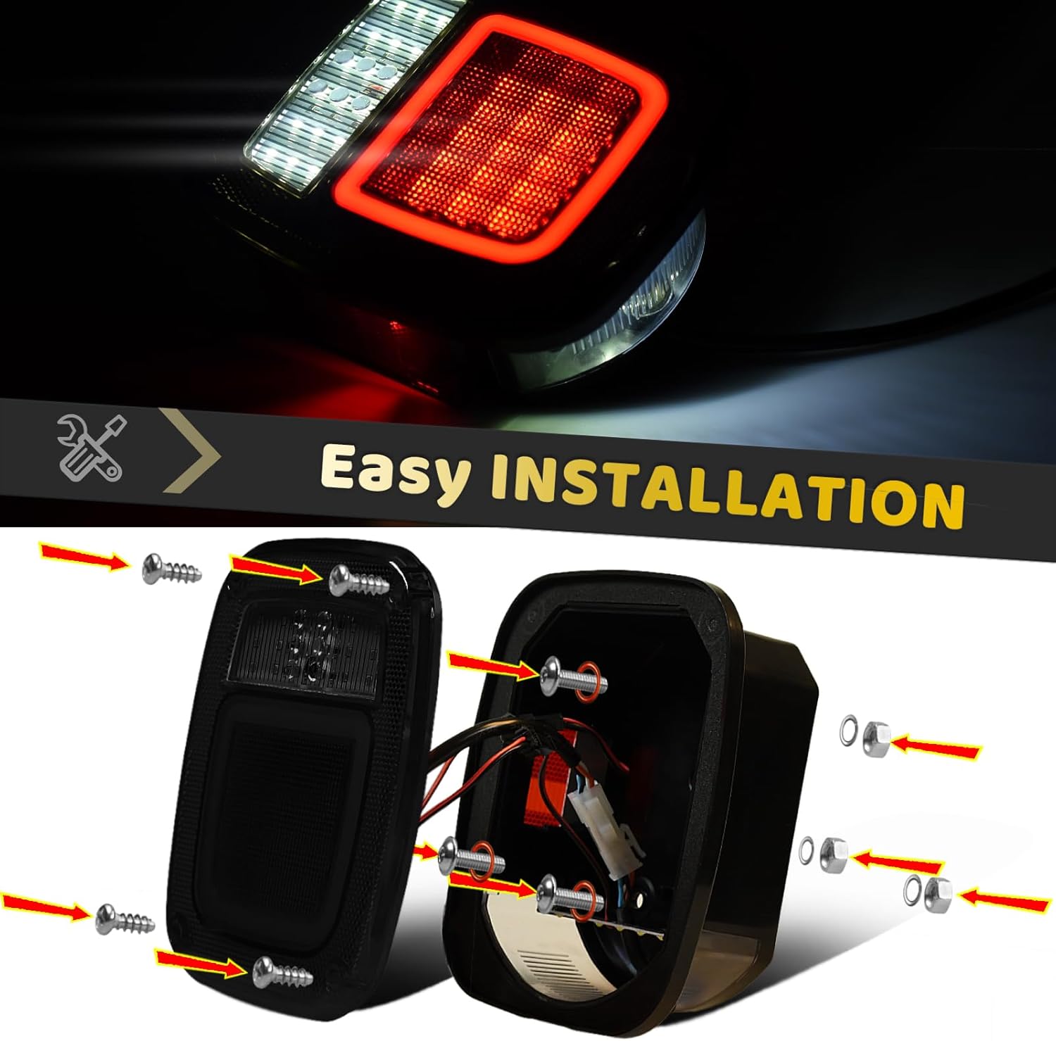 2Pcs Square Smoked Lens LED Halo Brake Stop Running/Reverse/License Plate/Clearance marker Combination tail Lights, Universal Fit for 1979-2006 Wrangler TJ/YJ/CJ5/CJ7, Trucks, Trailers