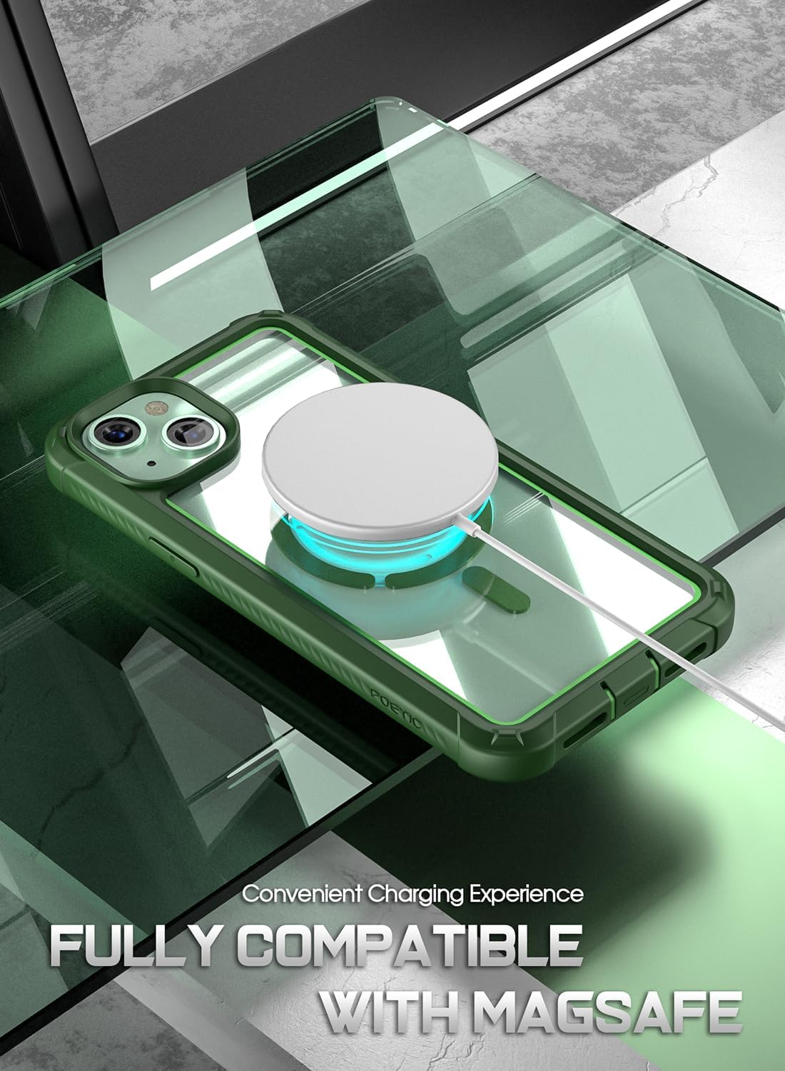Poetic Guardian MagPro Case for iPhone 15 Plus 6.7 Inch,[Compatible with MagSafe][20 FT Mil-Grade Drop Tested] Full-Body Shockproof Rugged Clear Cover with Built-in Screen Protector, Green/Clear