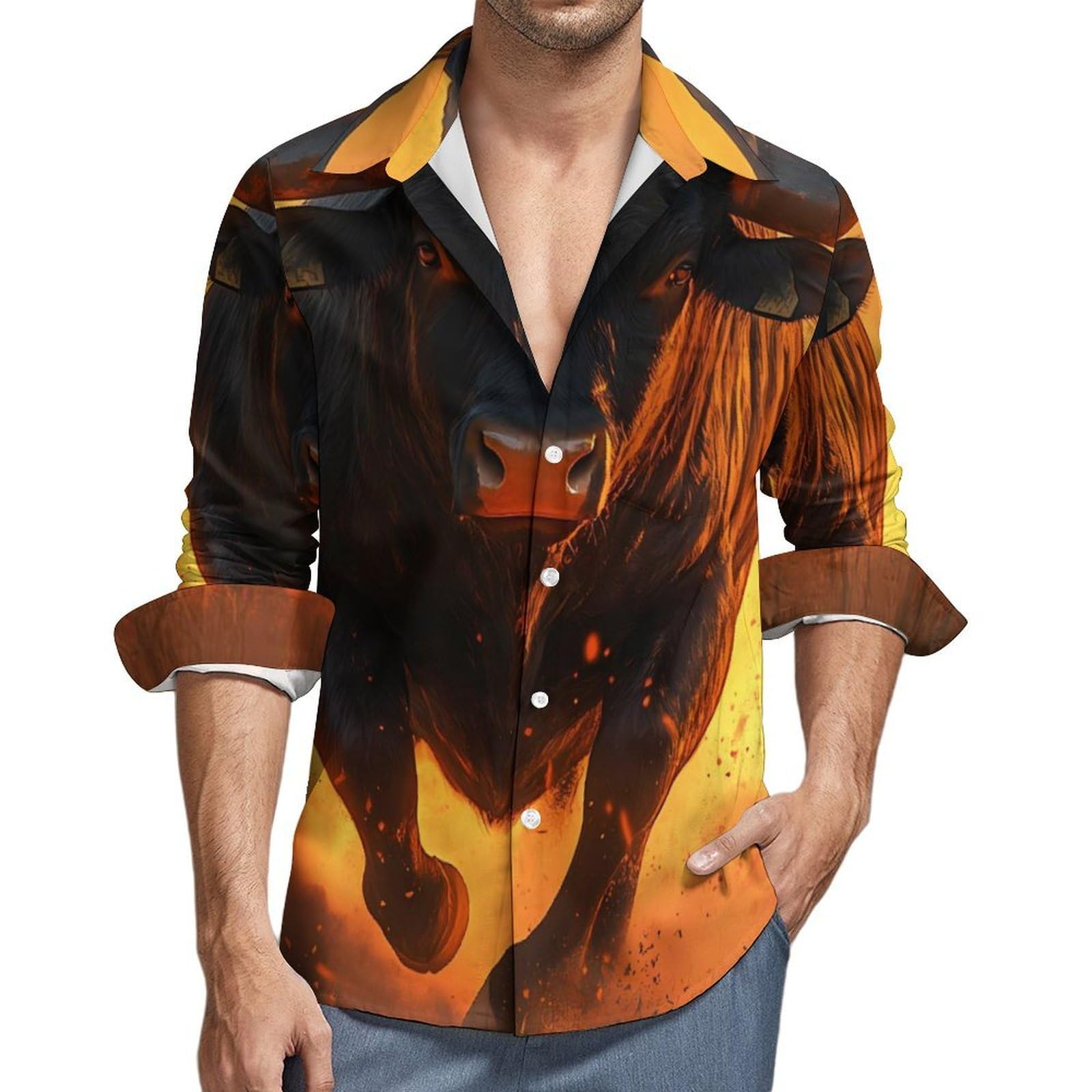 Angry Running Bull Sunset - Camicia casual da uomo a maniche lunghe con bottoni e tasca | T-shirt Top Scollo a V Poliestere
