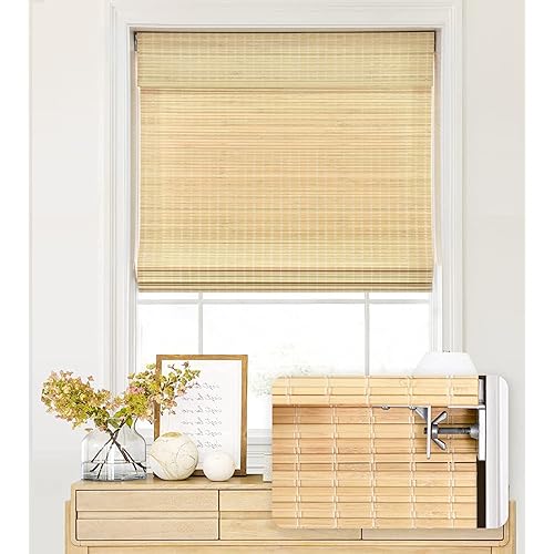 No Tools No Drill Cordless Bamboo Roman Shades, Privacy Window Treatment, Roll Up Bamboo Blinds for Window 20'' W x 64'' H, Natural