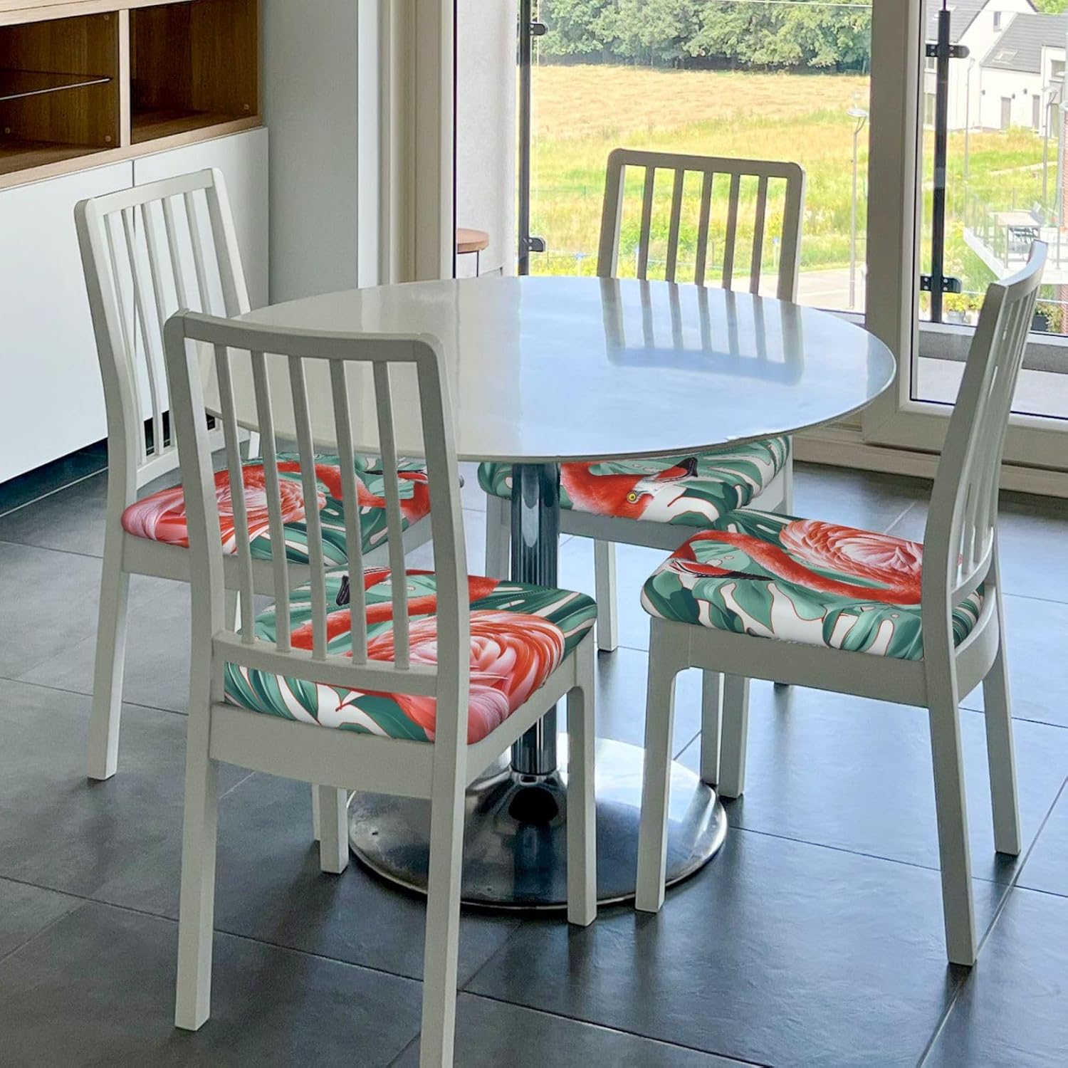 Flamingo Bird Print Square Cushion Covers 6 Pcs Set Elastic Non-Slip Seat Cushion Slipcovers Pet Furniture Protectors for Chair, Sofa