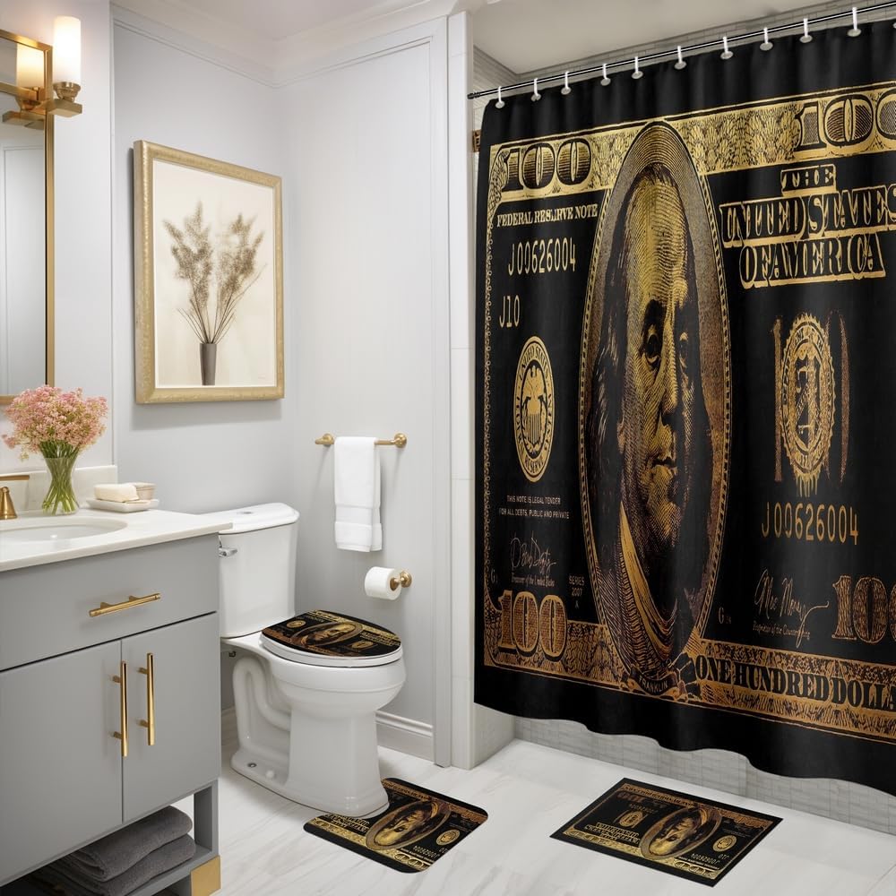 GUBIYU Black Gold 100 Dollar Bill Bathroom Set with Money Shower Curtain and Bills Rugs, Cool Bathroom Accessories 4 Pieces
