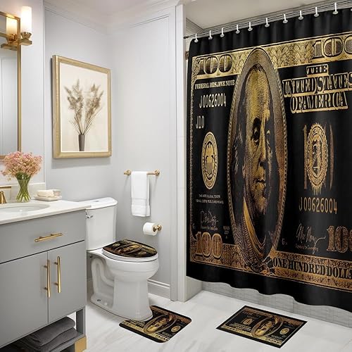 Miniatura 8 de GUBIYU Juego de baño de billetes de 100 dólares de oro negro con cortina de ducha y alfombras de billetes, accesorios de baño geniales 4 piezas
