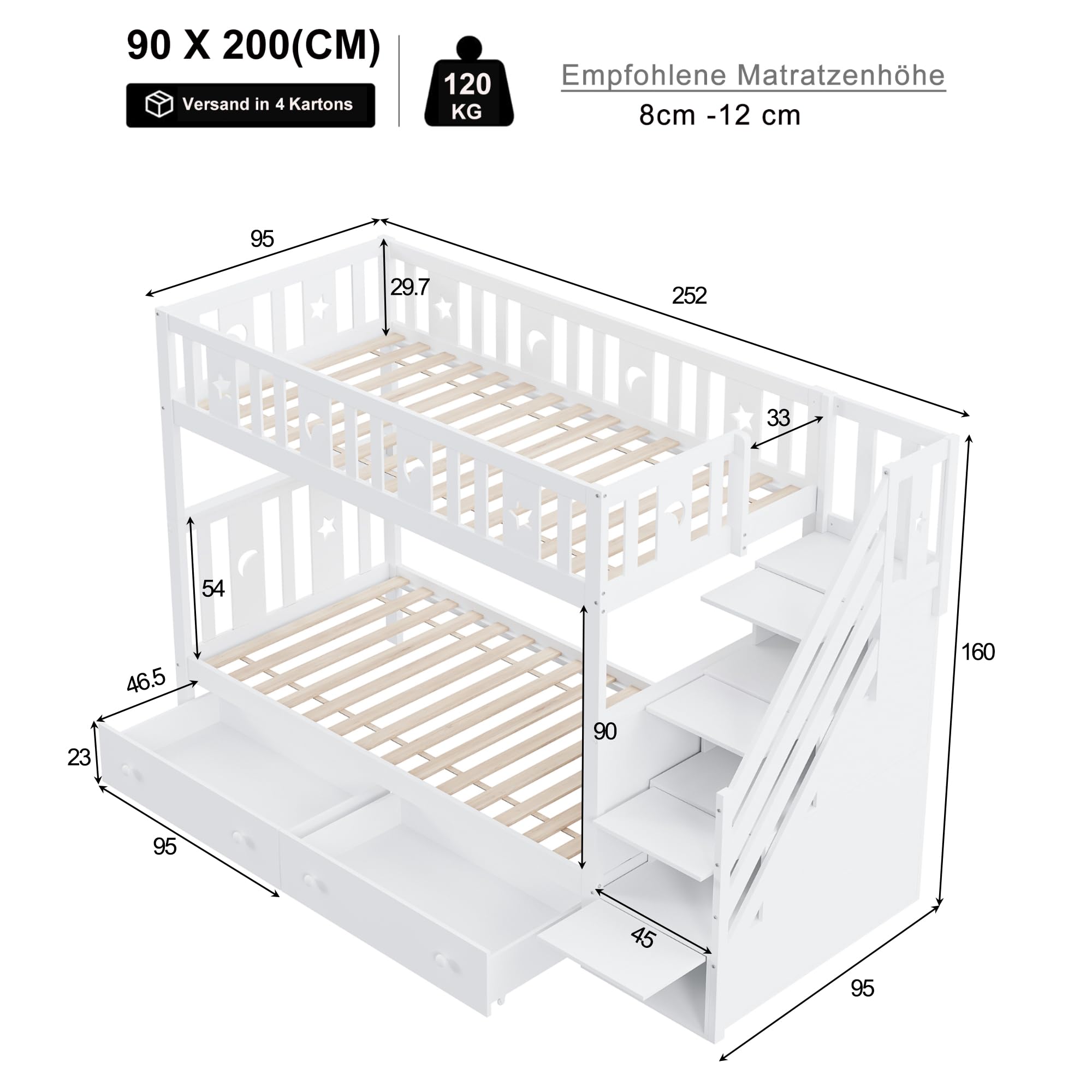 Moimhear Lettino per bambini, 90x200 cm, letto a castello in legno massiccio, con scala di sicurezza, scala con spazio di archiviazione, due grandi cassetti e rete a doghe, trasformabile in 2 piccoli
