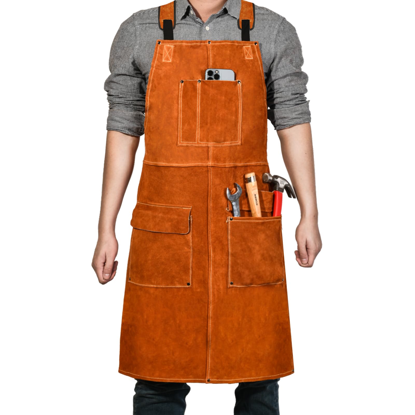 Leather Welding Work Apron - Heat Resistant & Flame Resistant Bib Apron, Flame Retardant Heavy Duty BBQ Apron
