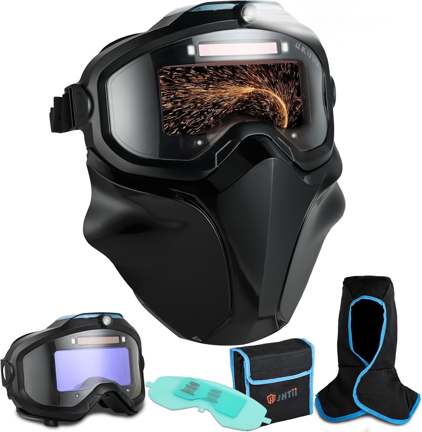 Auto Darkening Welding Goggles, 4 Arc Sensor, LED Lighting, Digital LCD Lens, Type-C Charging, Welding Hood with Drape