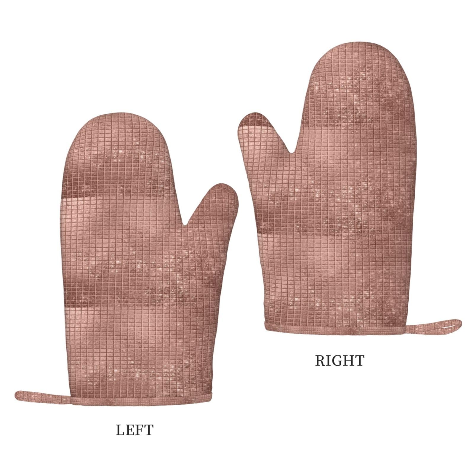 Juego de Cuatro Guantes y Manoplas Resistentes al Calor para Hornear, Guantes de Cocina Antideslizantes, Manoplas para Horno, Hermoso Brillo Oro Rosa Moderno.