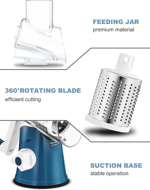 GDL Cheese Grater Rotary with Handle, Vegetable Slicer, 3 Blades, Blue