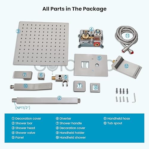 Miniatura 9 de gotonovo Juego de grifo de ducha mezclador de lluvia con boquilla de cascada, sistema de ducha de lluvia, montaje en techo, cabezal de ducha