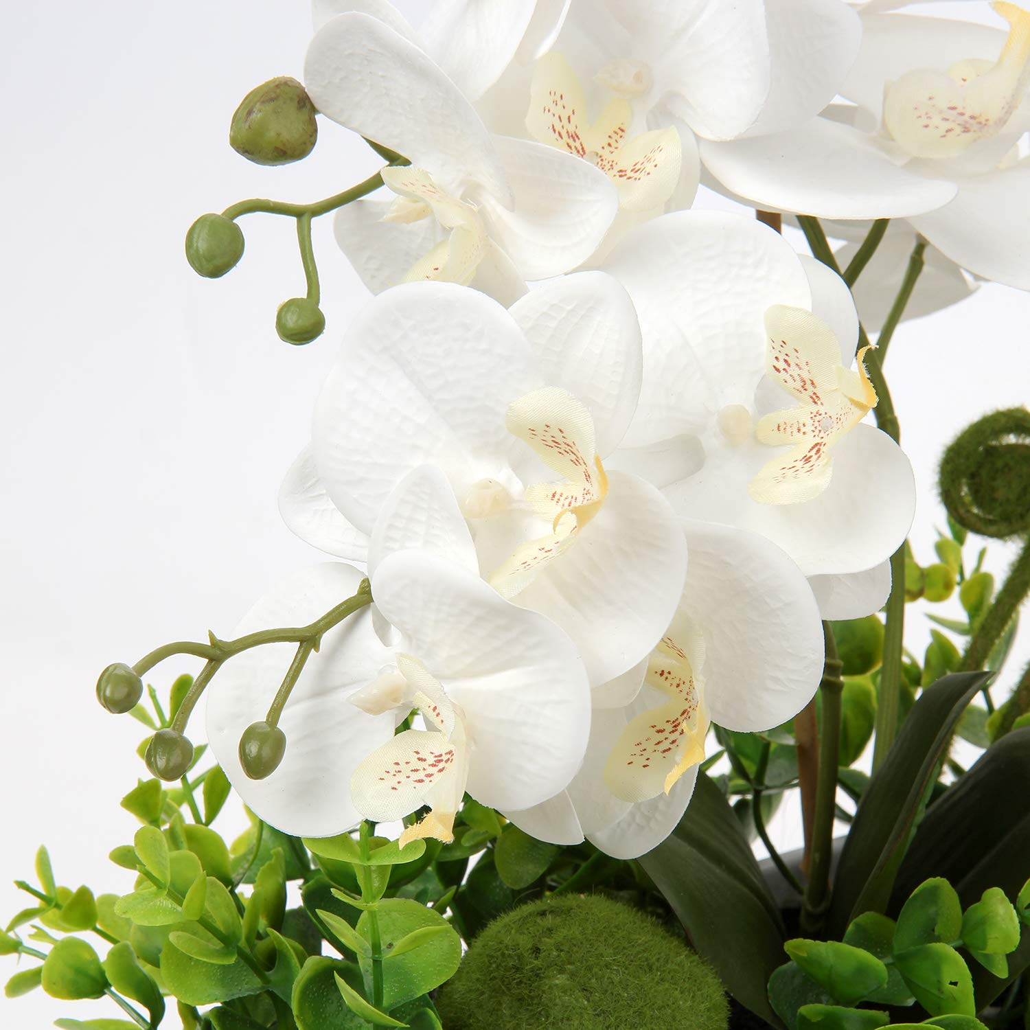 Oairse Flores artificiales de orquídea en maceta de plástico, 34 cm falaenopsis flores de interior para decoración del hogar, kichen, oficina, fiesta, boda, centro de mesa, flor de imitación blanca