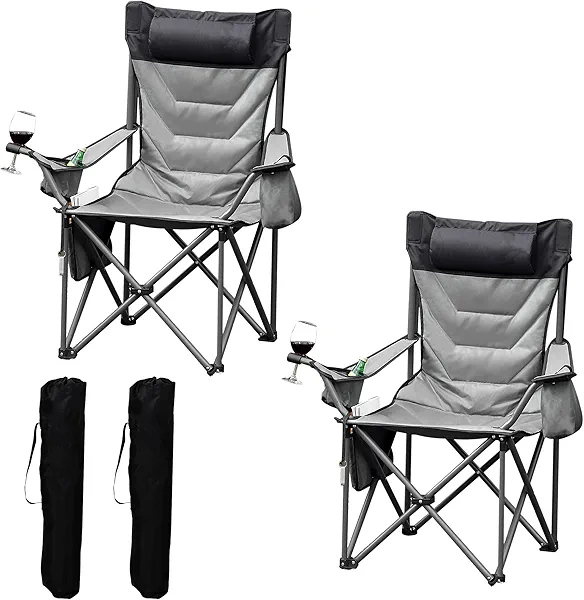 Oversized Padded Camping Chairs, Hevy Duty Folding Camp Chair - 500Lbs Support for Adults - Comfortable Camping Chair with High Back & Pillow, 2 Pack