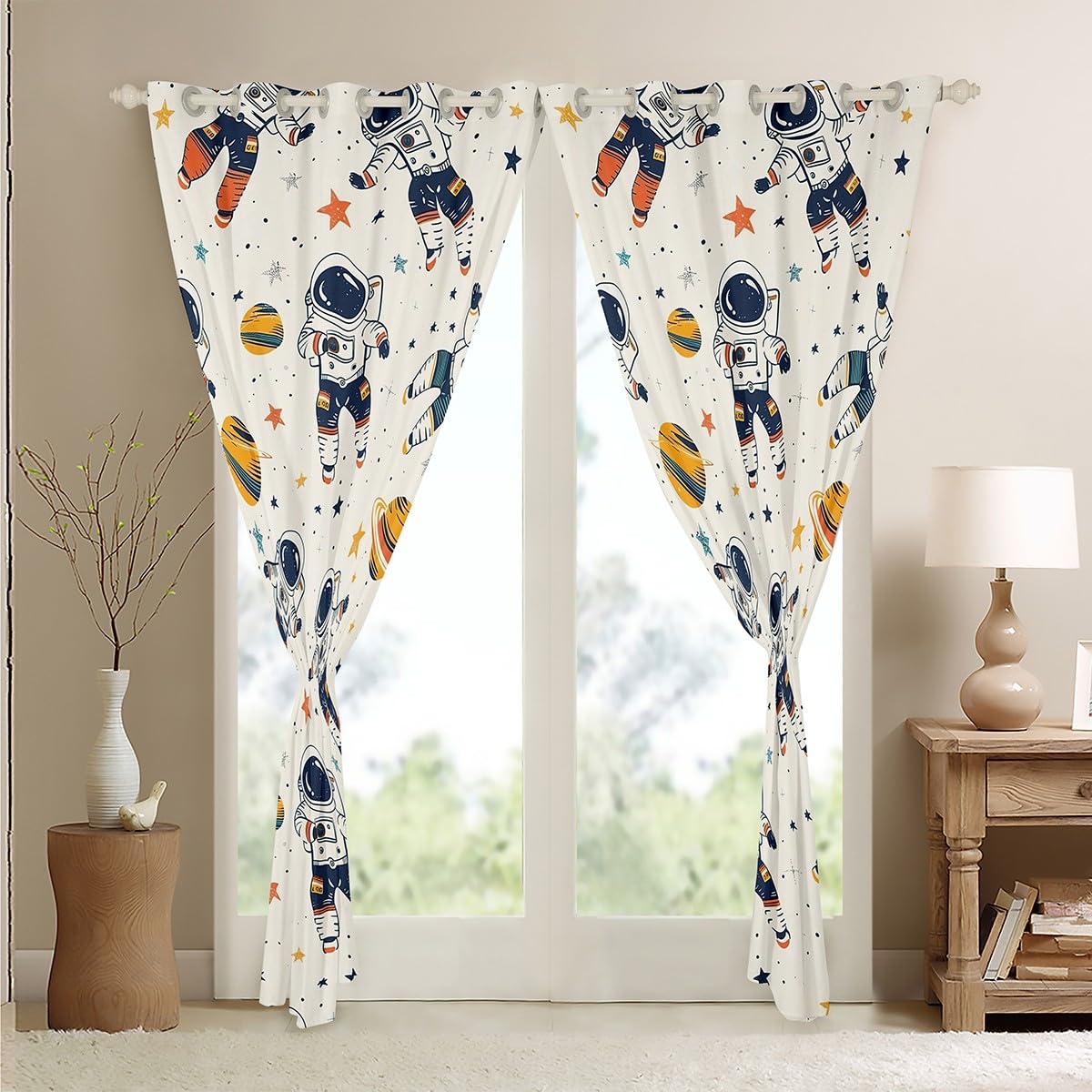 Homemissing Kids Astronaut Planet Stars Printed Curtains (2 Panels,W46*L54) For Boys Girls Bedroom Living Room Cartoon Outer Space 30%-50% Room Darkening Blackout Curtains Window Treatments - Image 4
