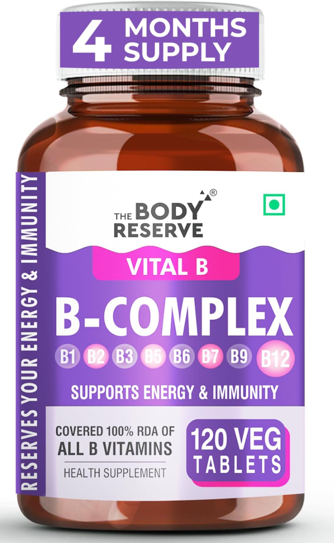 The Body Reserve Vitamin B Complex Tablets- 120 Veg Tablets 100% Rda Of Vitamin B1, B2, B3, B5, B6, B7, B9 & B12, Vitamin B Complex Supplements For Women & Men (4 Months Supply Pack)
