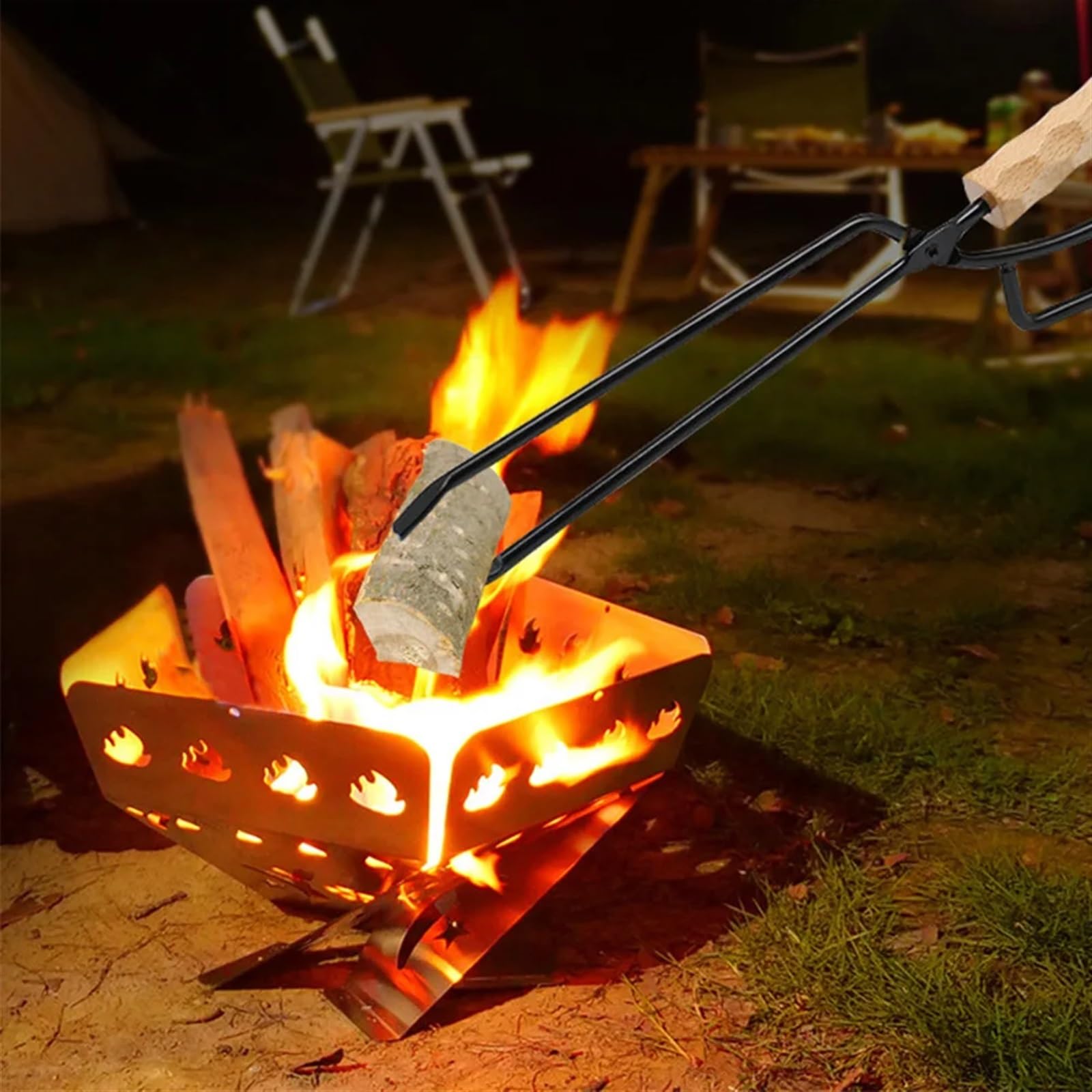 Pinze per Barbecue da Campeggio in Metallo, Set di pinze per Carbone con Manico Lungo, pinze per Il Fuoco, pinze per la Spazzatura in Legno, Clip in Acciaio Inossidabile, Portatili, per Esterni