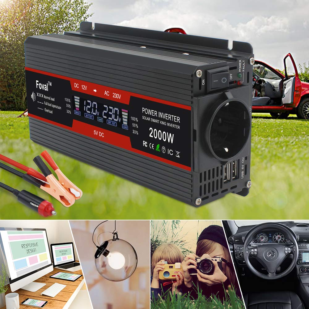 Inversor,Inversor Onda Pura Inversor 12V a 220V 2000W 220 Pantalla Duradera Dual 2 USB inversor de automóvil Transformador 12V 220V(2000W)