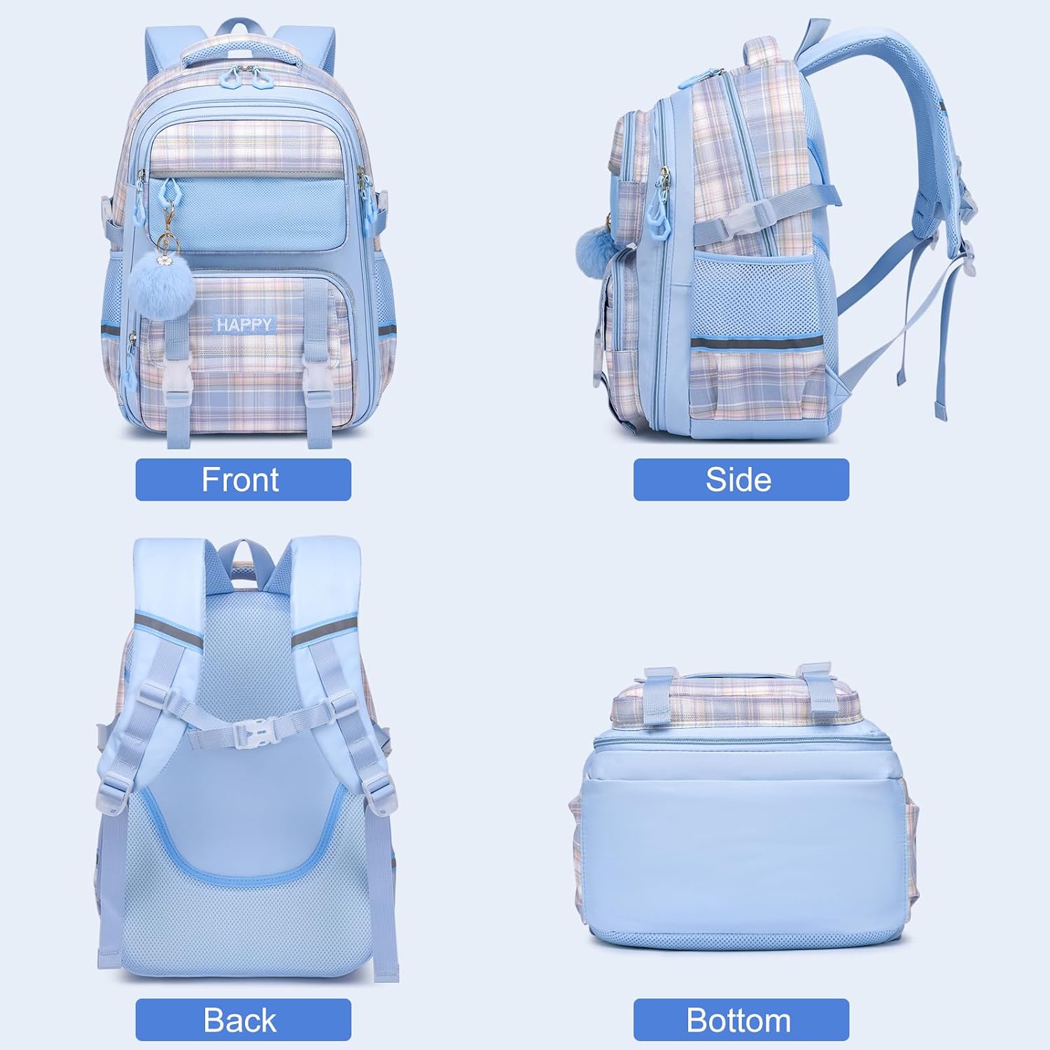 KEBEIXUAN Kids Backpack for Girls - Cute Plaid Bookbag for Elementary Student, Lightweight and Spacious School Bag (Blue)
