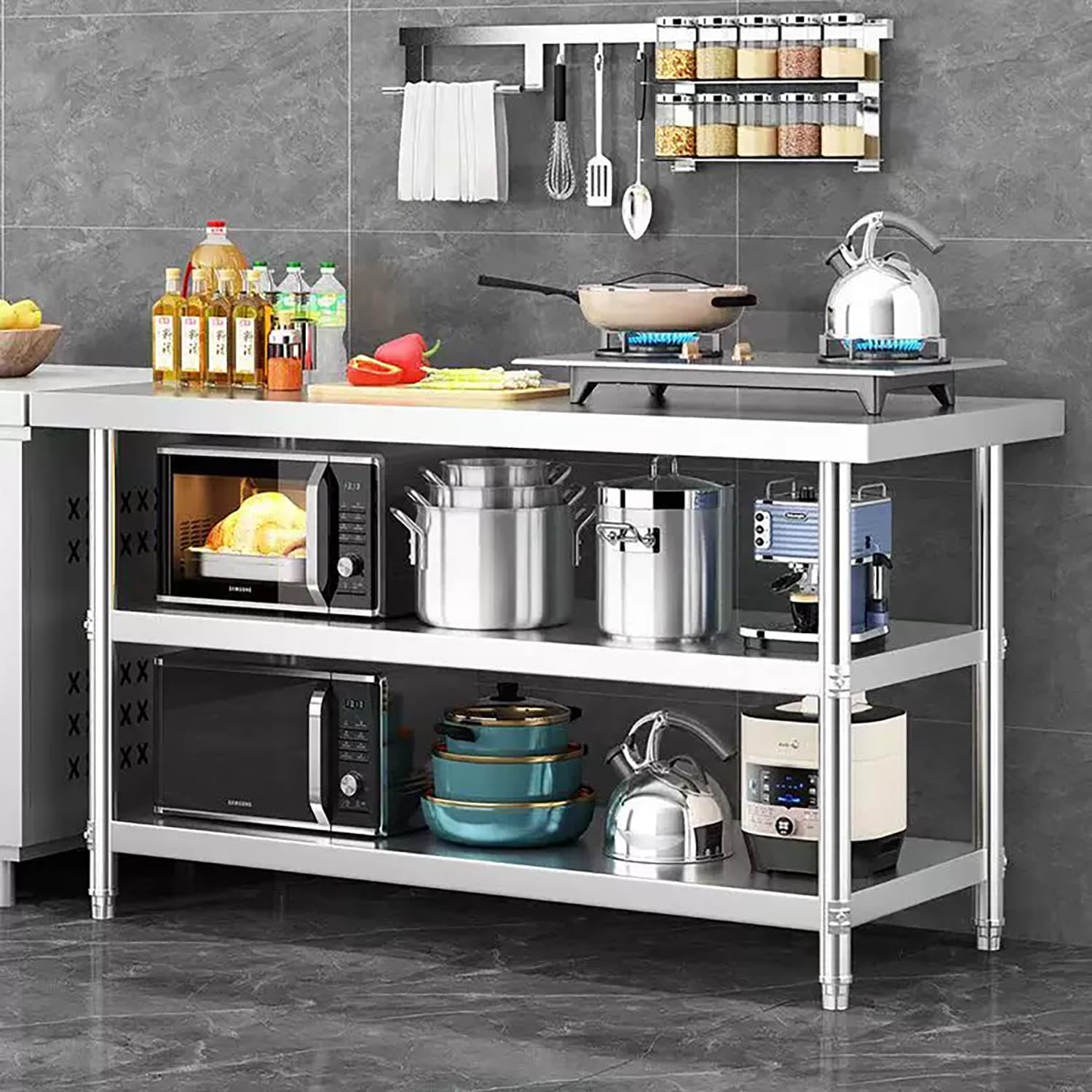 Tavolo Inox da Preparazione A 3 Ripiani, Tavolo da Cucina Commerciale con Ripiano Portaoggetti, Scaffale in Metallo, Banco da Lavoro in Acciaio per Ristoranti, Casa, Garage,90x60x80cm