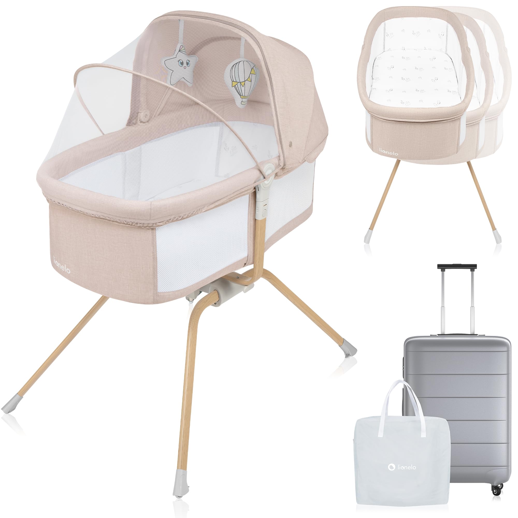 lionelo Malin EVO - Cuna de Viaje para bebé con colchón, de 0 a 9 kg, Dosel con mosquitera, Plegable, Sistema de balancín, reclinable, Montaje rápido (Beige Natural)