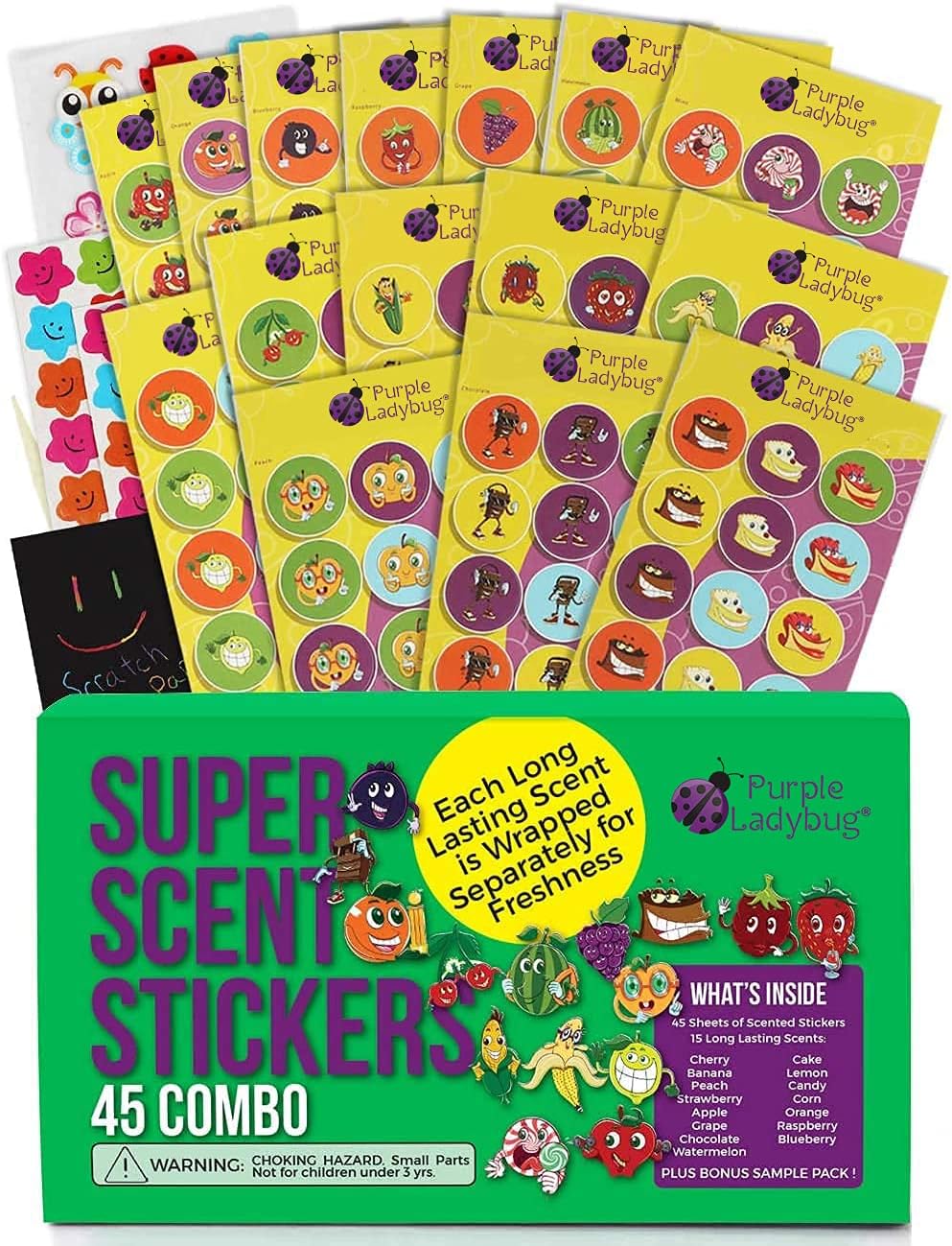 Purple Ladybug 45 Sheets of Scratch and Sniff Stickers for Kids & Teachers with 15 Different Scratch N Sniff Intense Smells - Motivational Smelly Stickers & Super Scented Reward Stickers for Students : Toys & Games