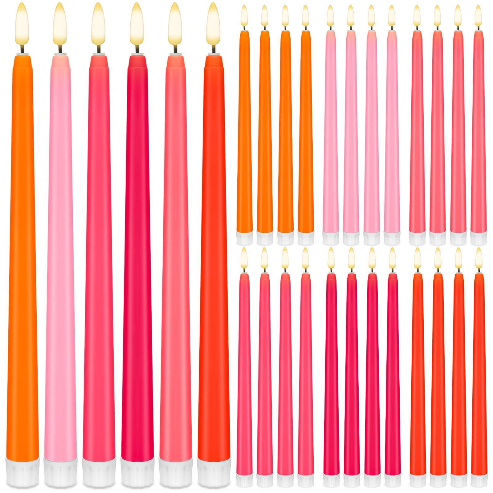 Baquler 24 Pcs 11'' Pink Orange Flameless Taper Candle Colorful Candlestick
