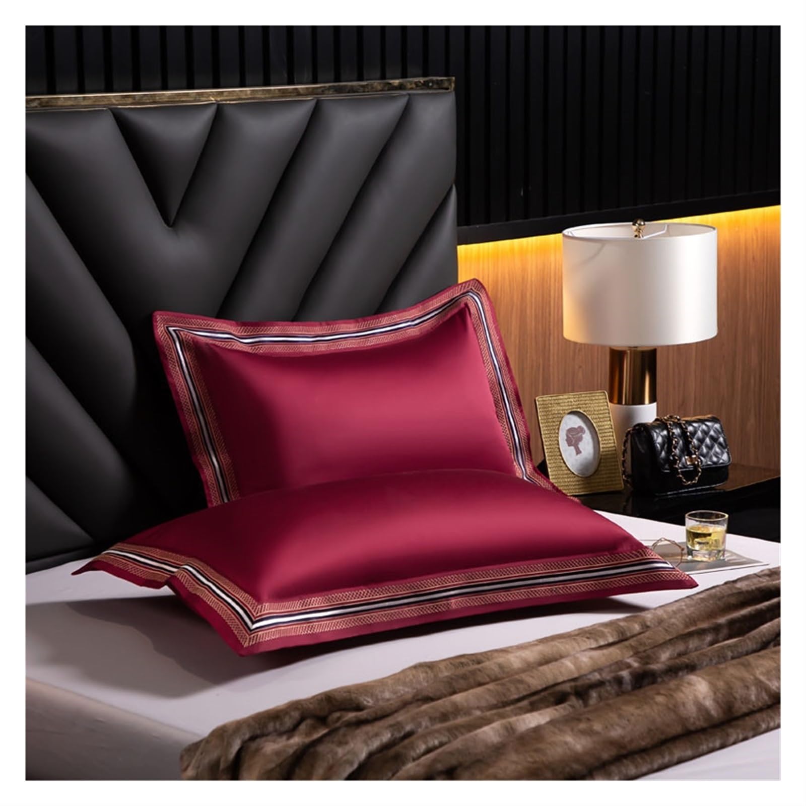 Taie Oreiller Soie Classique Satin Taie d'oreiller en Soie 50X75cm 50X90cm Solide Décor À La Maison 2 Pcs Rouge Noir Blanc Taies pour Les Cheveux et la Peau(Ali-Black,50x75cmx2)