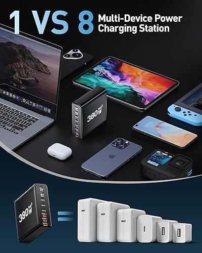 Miniatura 5 de Bloque de cargador USB C de 280 W con 4 cables USB, estación de carga USB C de 8 puertos GaN 100 W, adaptador de cargador para portátil compatible