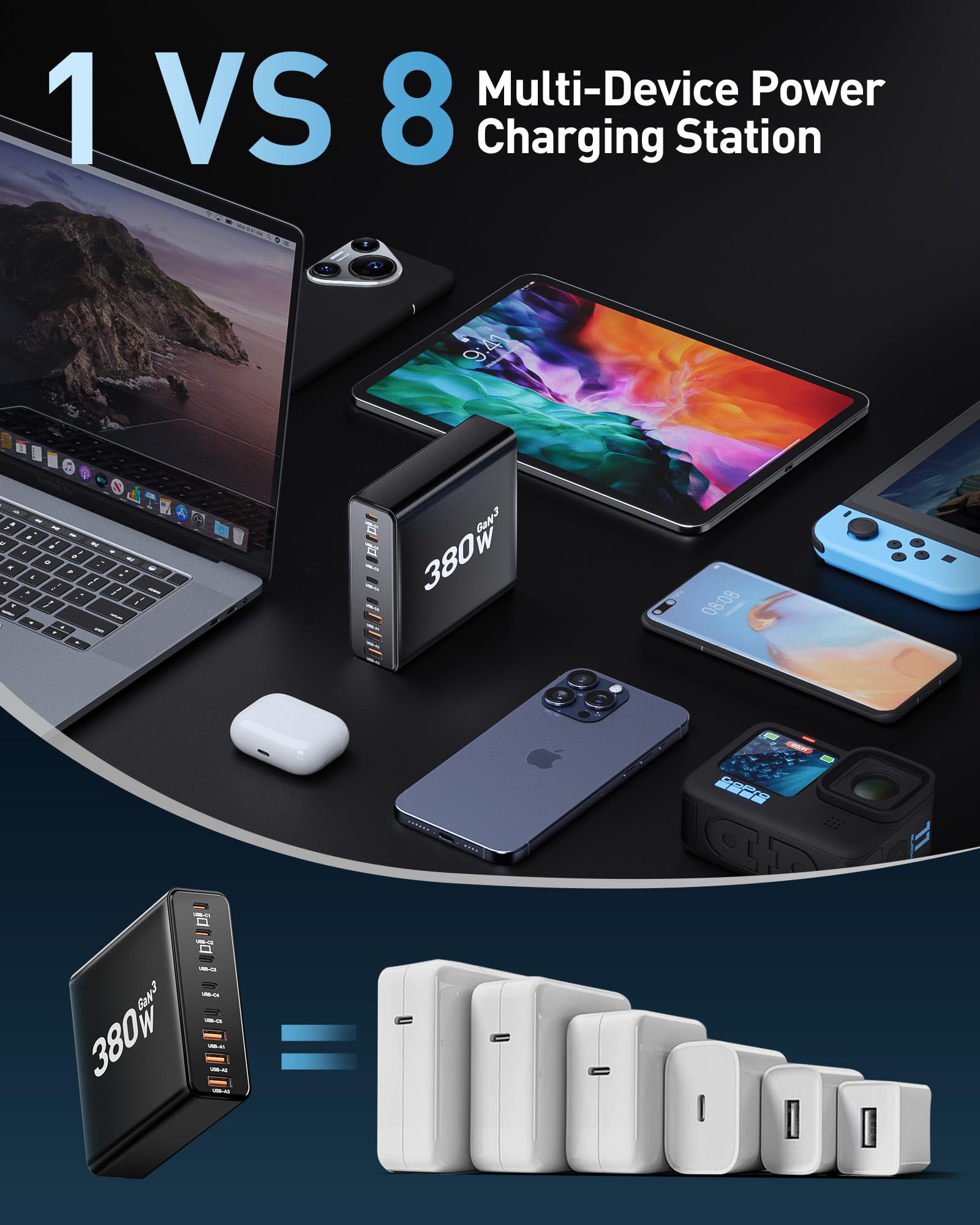 Blocco caricabatterie USB C da 280 W, stazione di ricarica USB a 8 porte GaN III PD 65 W adattatore per caricabatterie per laptop (nero brillante)