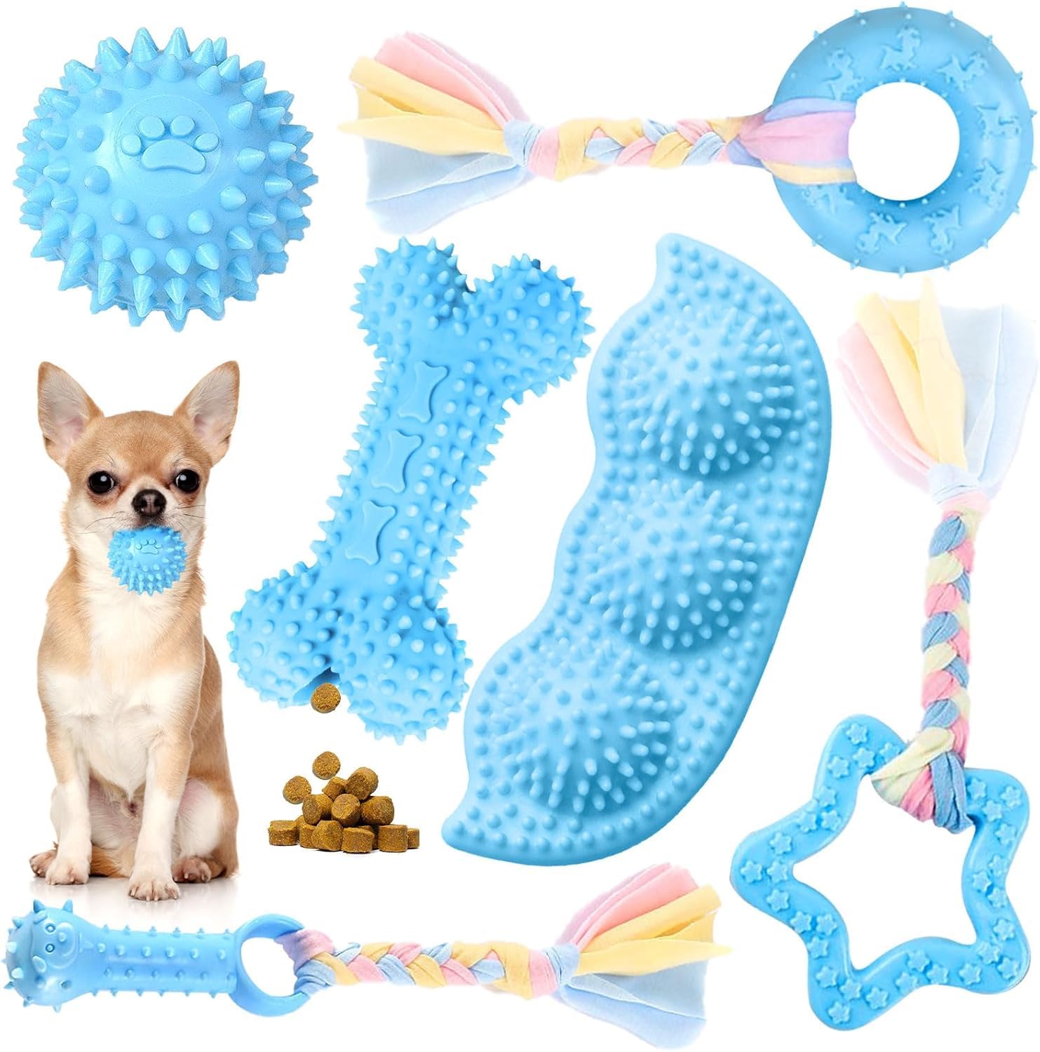 6 Pack Dog Chew Toys Set, Puppy Teething Toys, Blue Textured Rubber Squeaky Ball, Bone, Ring and Rope Toys, Small to Medium Dogs