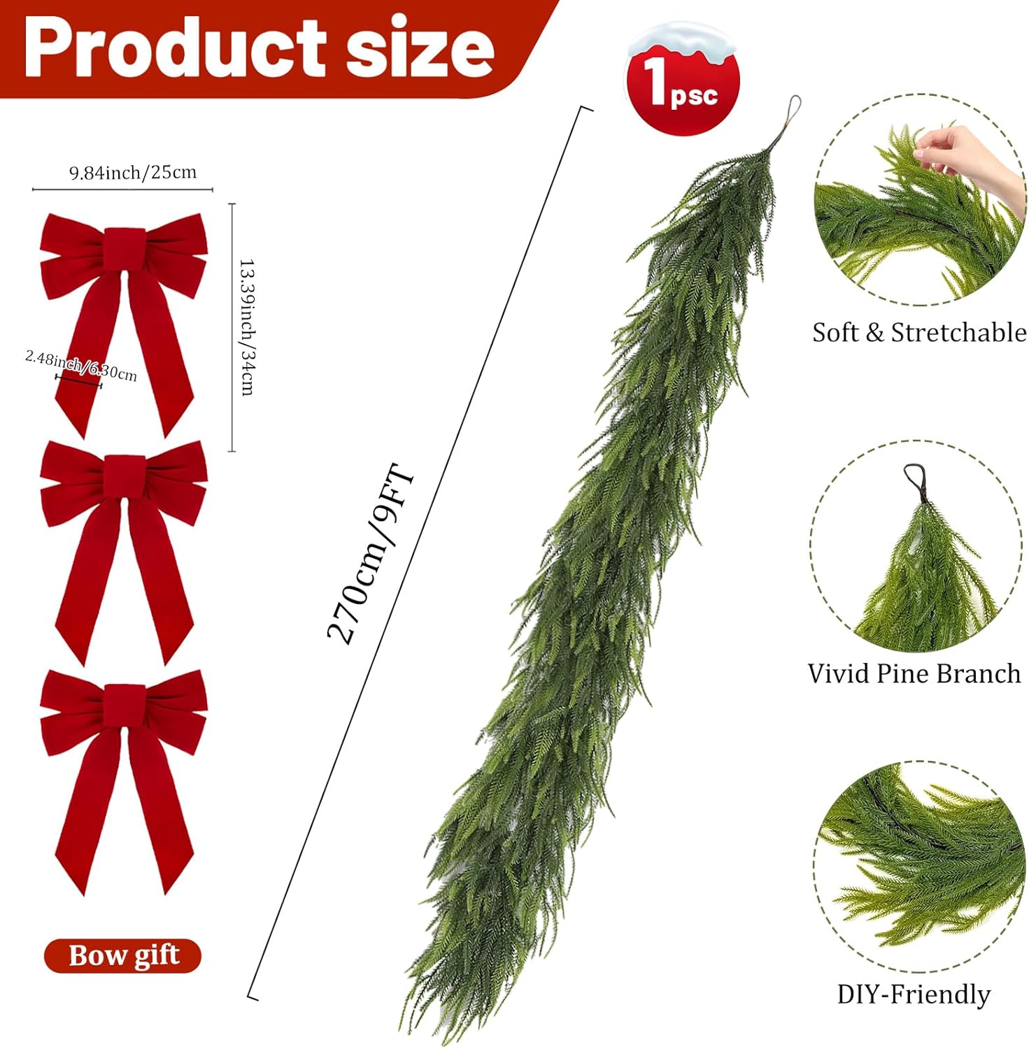 9FT Artificial Norfolk Pine Garland Includes 3 Red Bows, Real Touch Faux Greenery Garland for Home, Wedding, Party Decor - Mantle, Staircase, Indoor Outdoor - Image 6