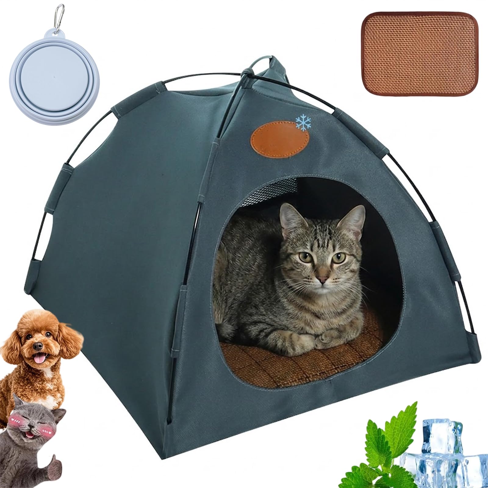 Premium Cat Cooling Tent with Rattan Mat and Dog Sun Tent, Foldable Cat Cooling Station for Indoor and Outdoor, Breathable Cats Camping Tent for Dogs and Cats (Grey, 58 x 58 x 50 cm)